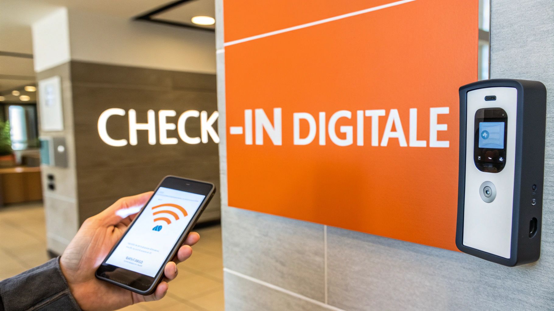 Una persona usa uno smartphone per il check-in digitale, con simbolo Wi-Fi e stazione di lettura elettronica.