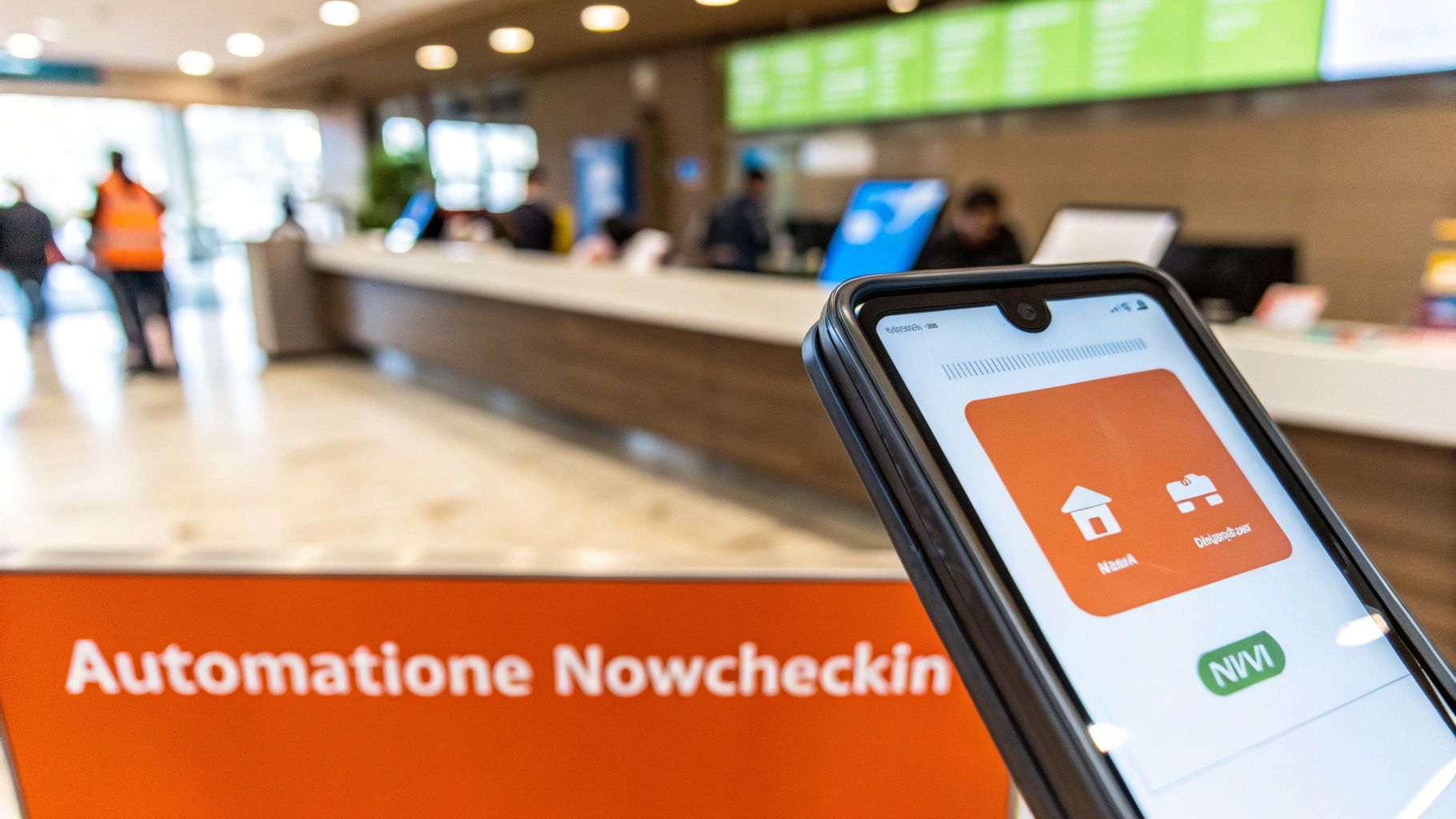 Una persona usa l'app Nowcheckin su uno smartphone con Firenze sullo sfondo.
