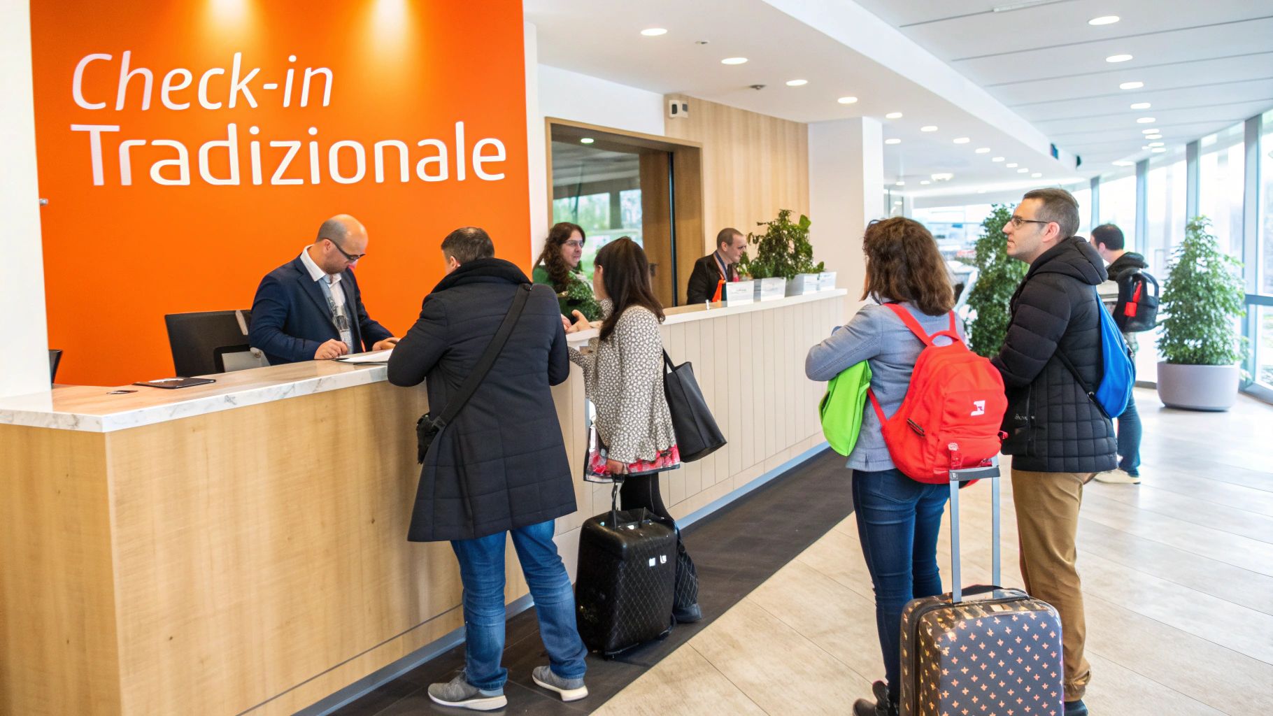 Ospite frustrato in attesa alla reception di un hotel per il check-in