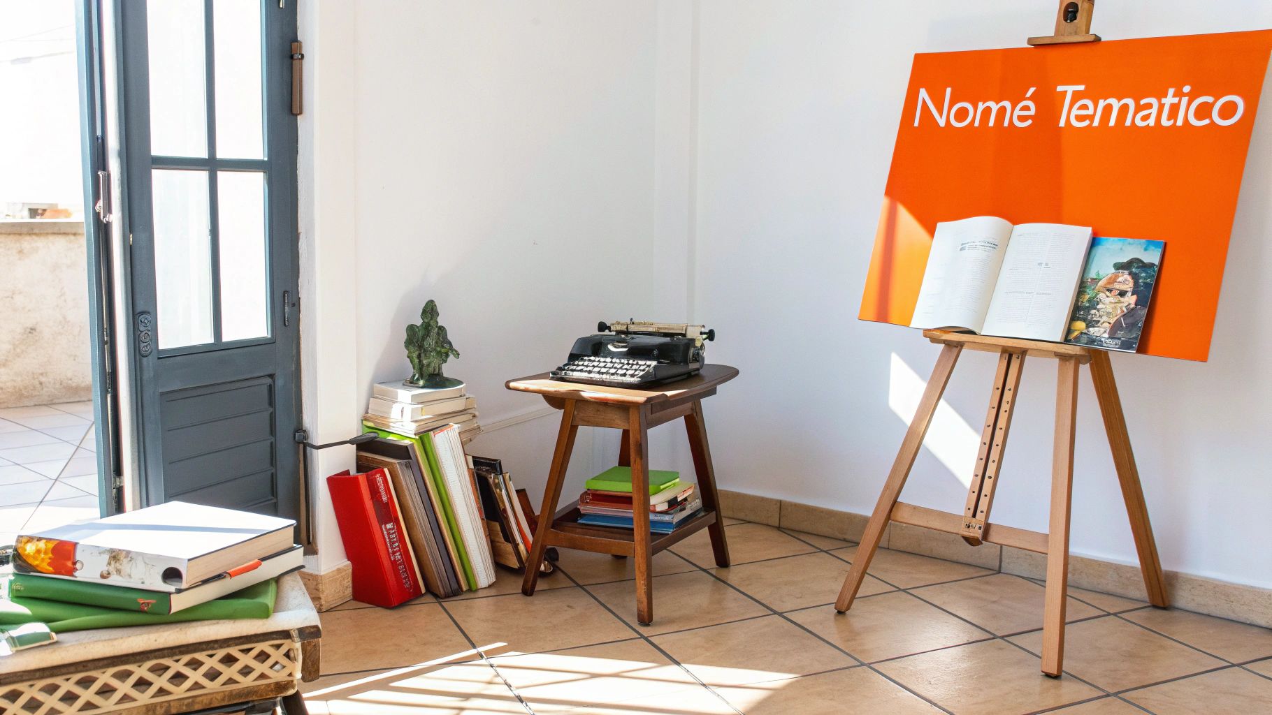 Interno luminoso con porta aperta, cavalletto con cartello "Nomé Tematico" e libri, tavolo con macchina da scrivere vintage e pile di libri.