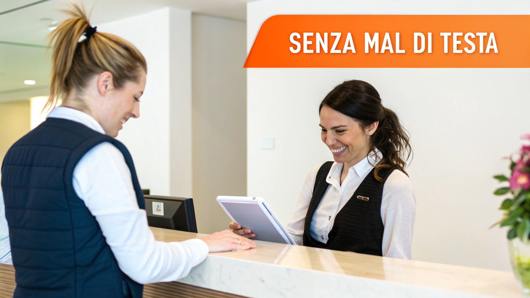 Due donne sorridenti, una receptionist e una cliente, interagiscono a un banco accoglienza in un hotel.