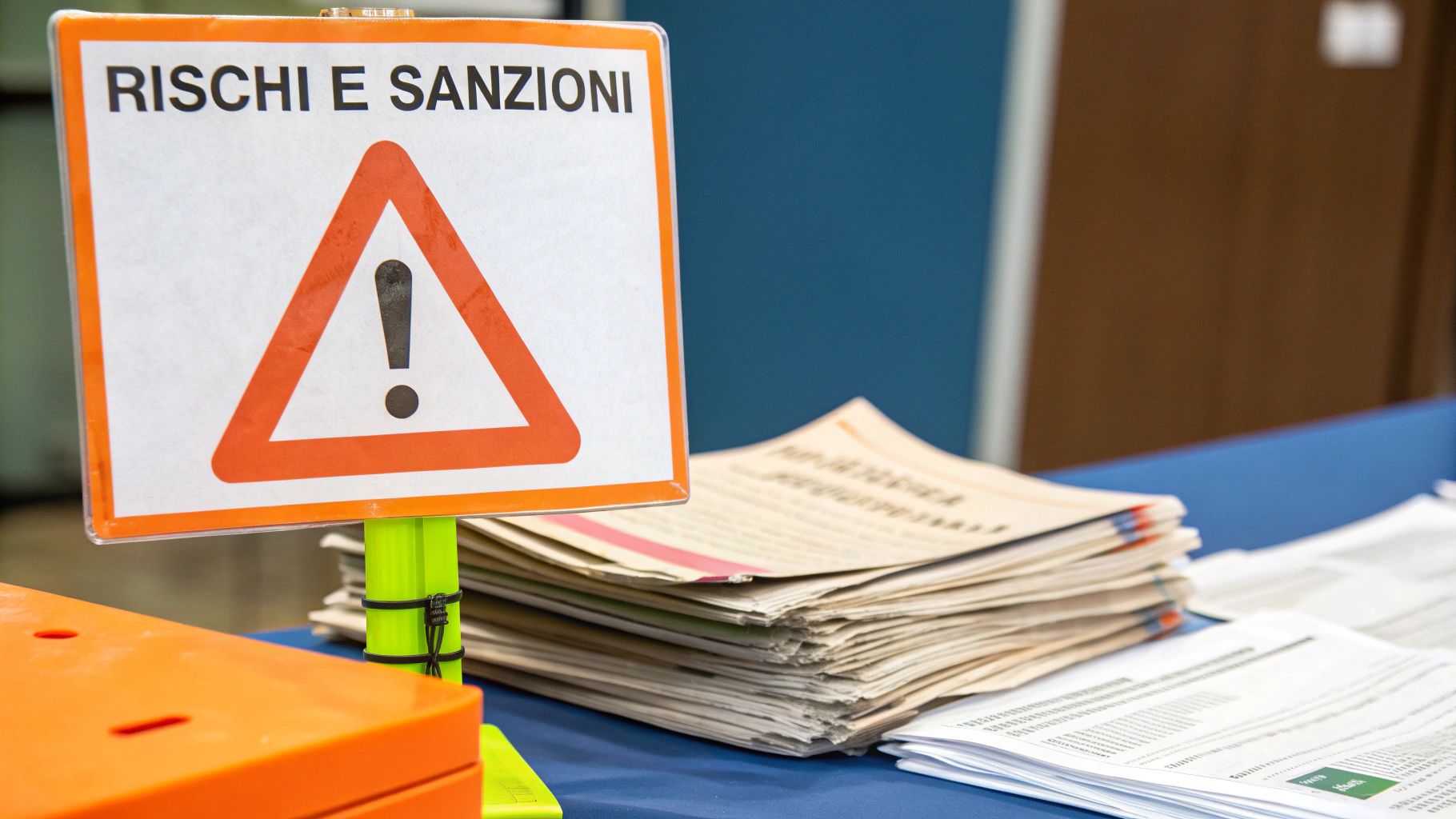 Un cartello di pericolo giallo con un punto esclamativo, che simboleggia i rischi legali.