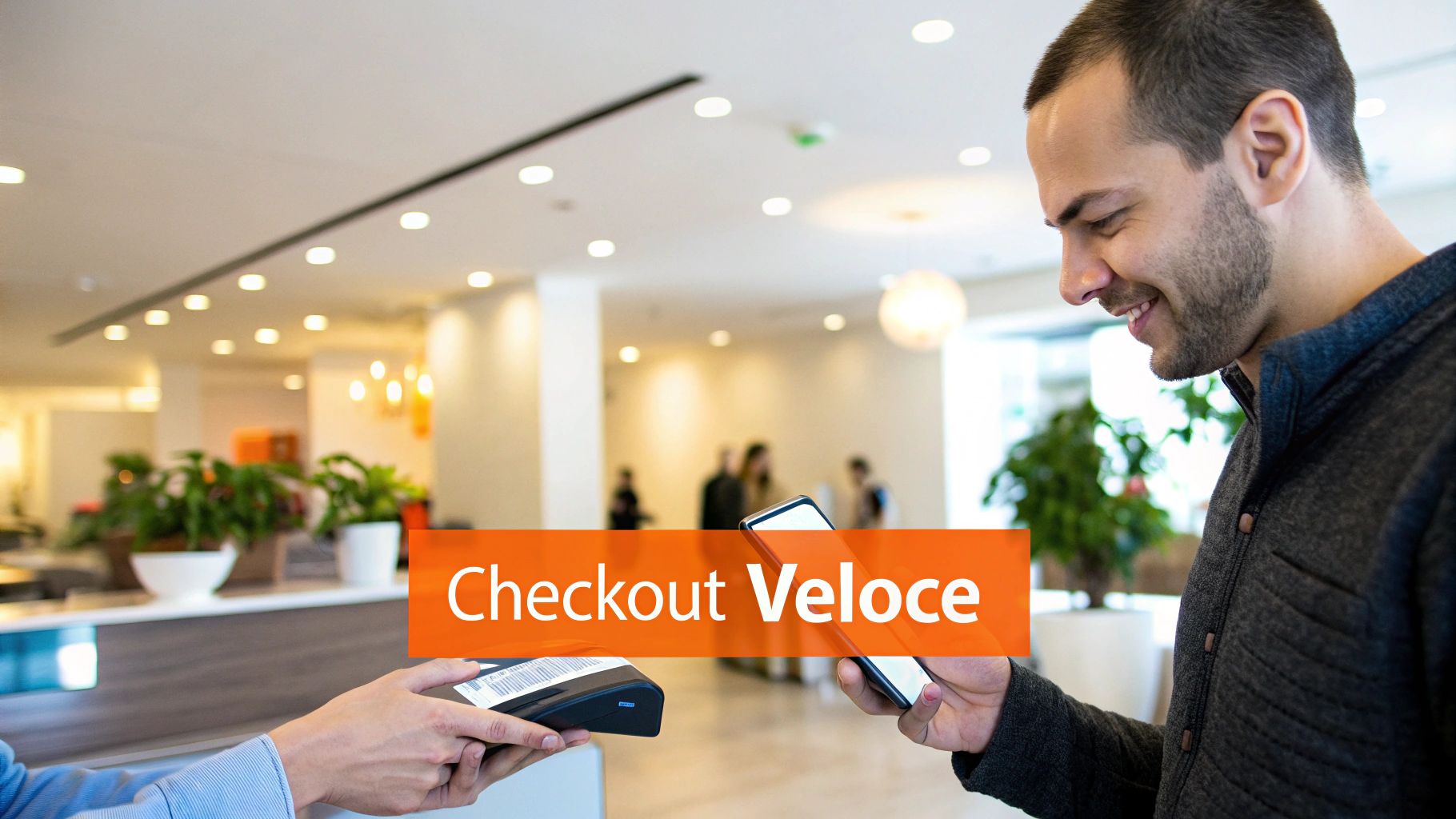 Un cliente sorridente effettua un checkout veloce usando il suo smartphone presso uno scanner in un ambiente moderno.