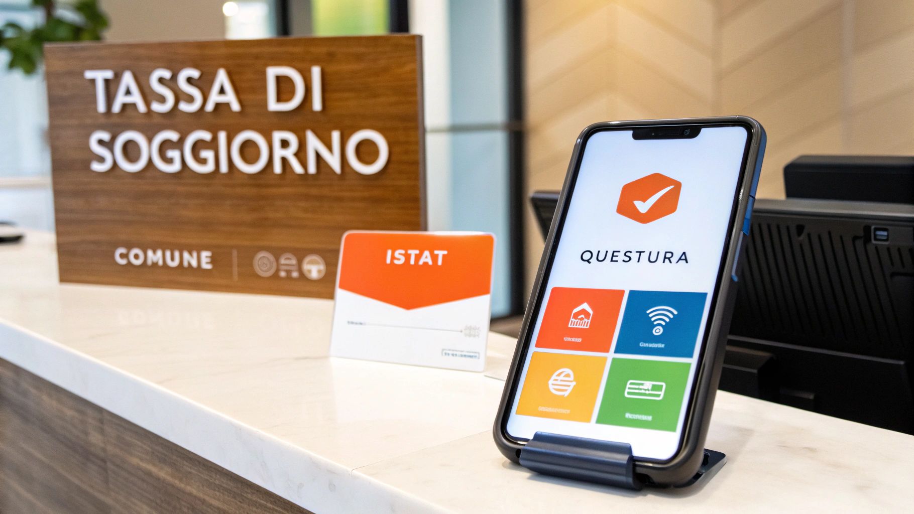 Un bancone di reception con cartelli 'Tassa di Soggiorno' e 'ISTAT', e uno smartphone che mostra l'app 'Questura'.