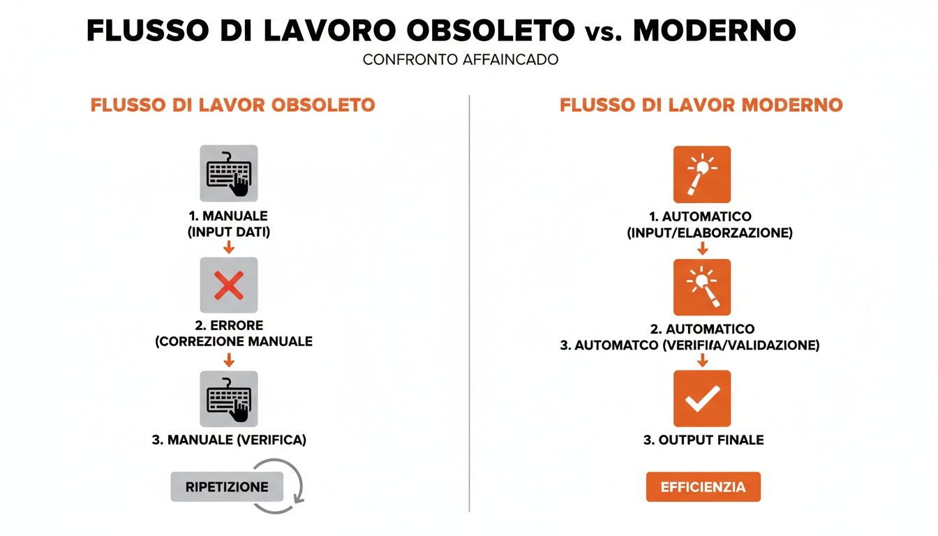 Diagramma comparativo tra flusso di lavoro obsoleto (manuale, errori, ripetizione) e flusso di lavoro moderno (automatico, efficiente).