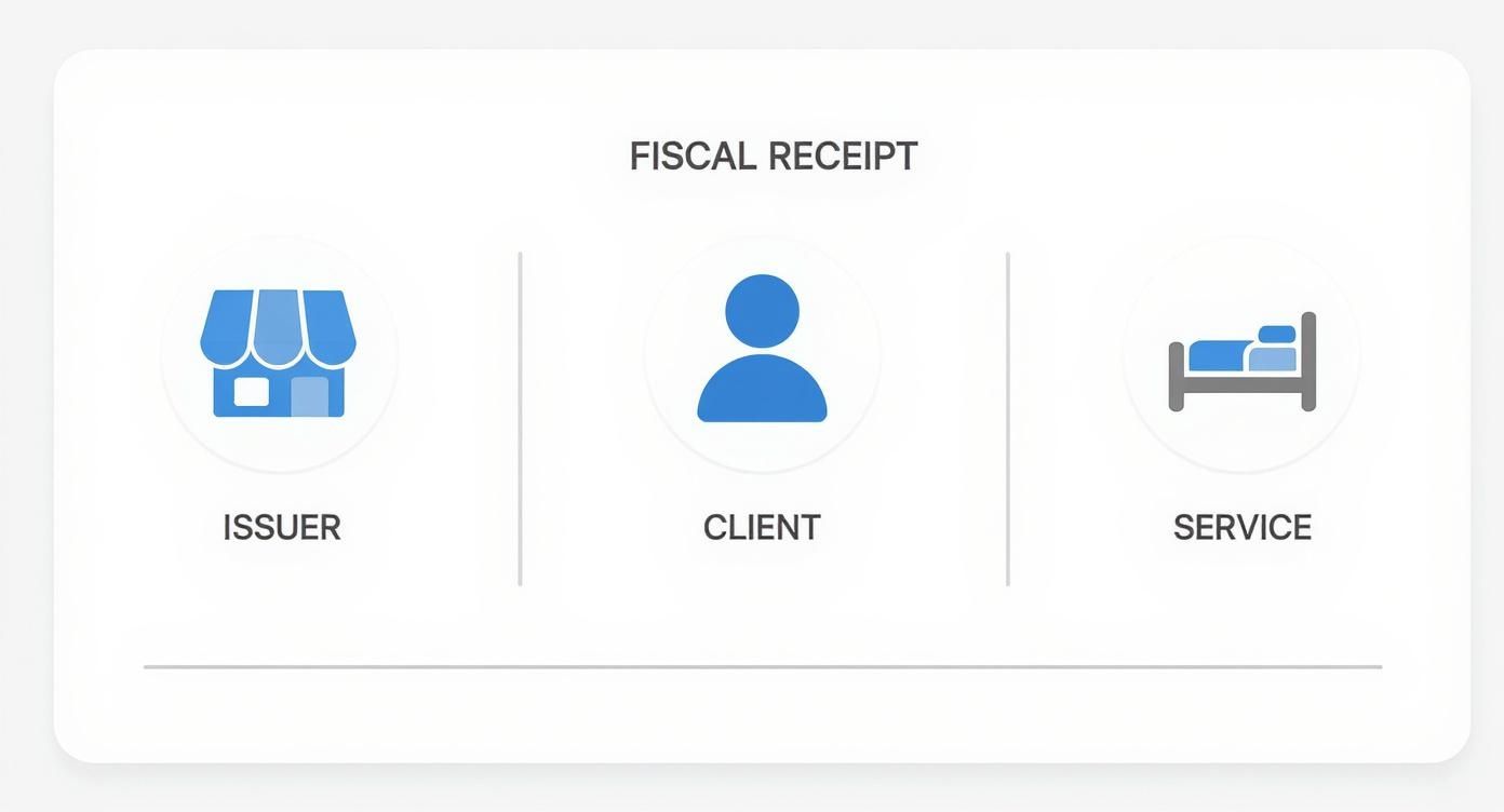 Infografica che mostra il processo di emissione di una ricevuta fiscale, dall'emittente al cliente per il servizio fornito