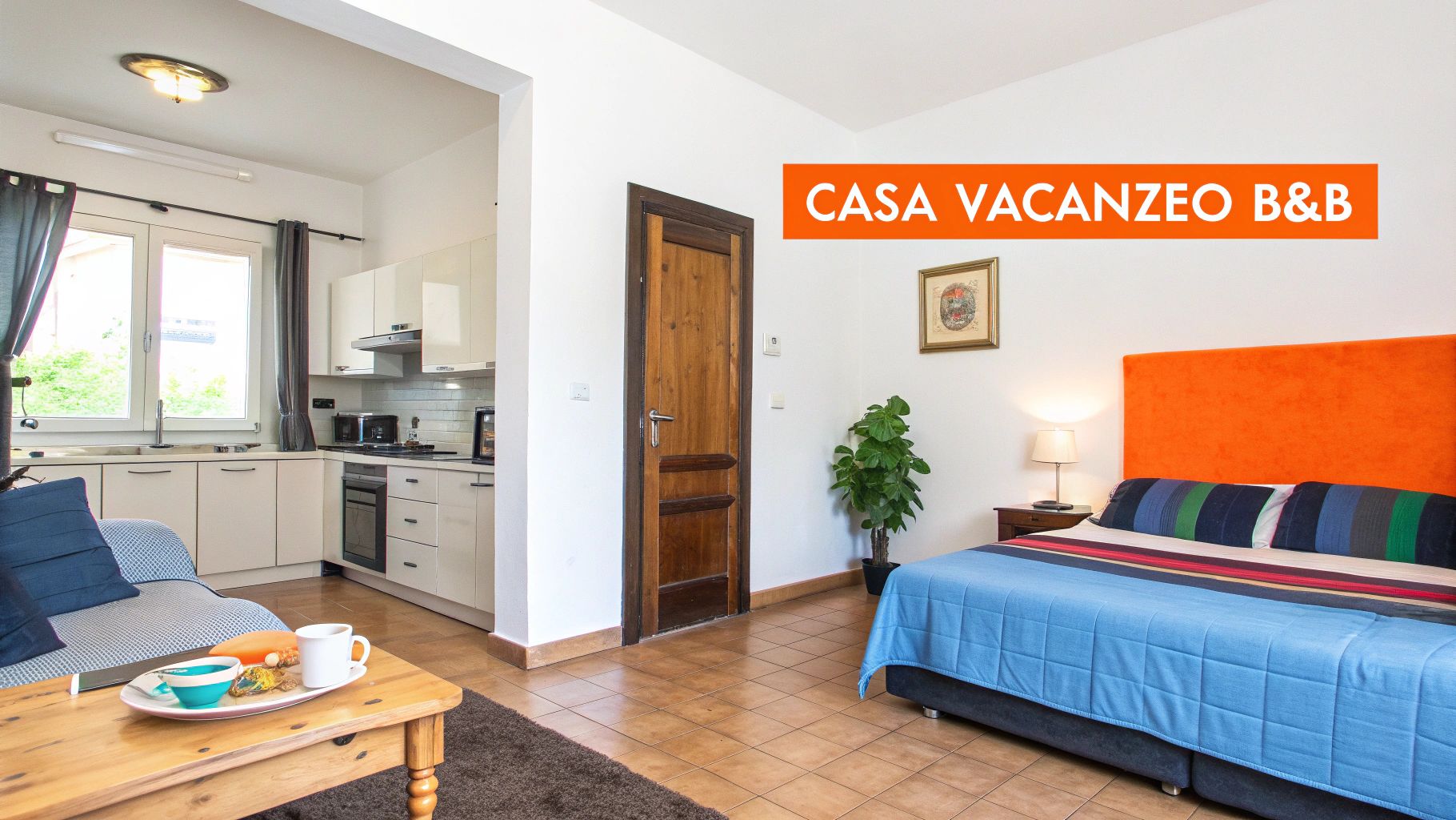 Interni moderni e luminosi di una casa vacanze B&B con angolo cottura, letto e zona giorno.