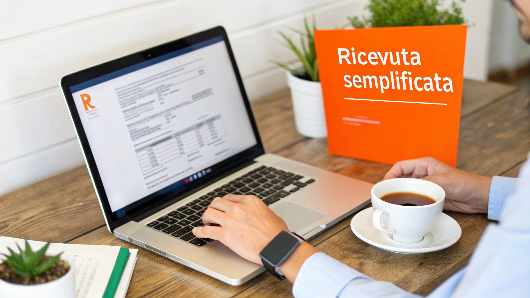 Una persona compila una ricevuta fiscale alla scrivania