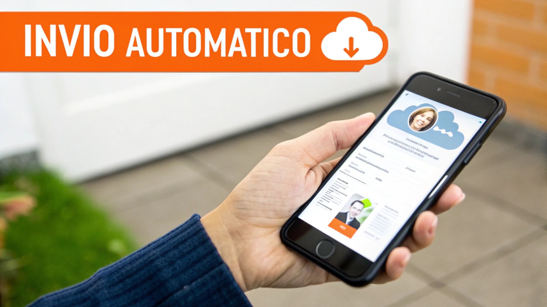 Mano che tiene uno smartphone con un'app per l'invio automatico di dati e profili utente, con banner arancione.