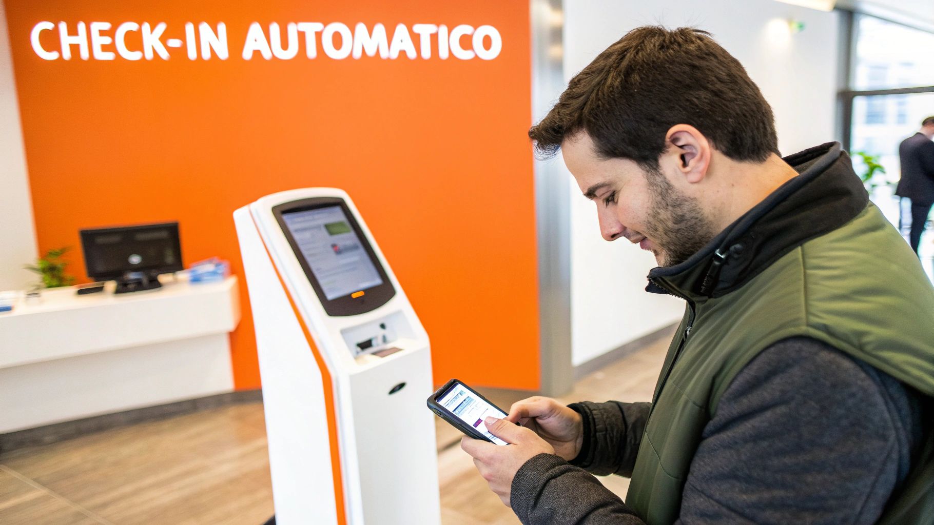 Un uomo controlla il suo smartphone vicino a un totem di check-in automatico in un ambiente moderno e luminoso.