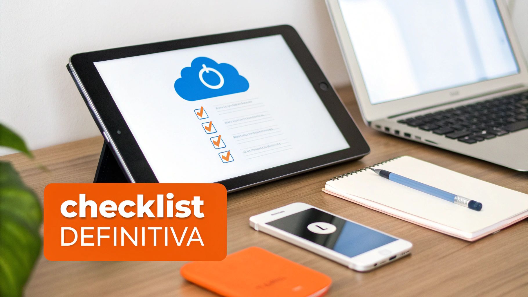 Una scrivania con tablet, laptop, smartphone e blocco note, mostrando una lista di controllo definitiva per l'organizzazione digitale.