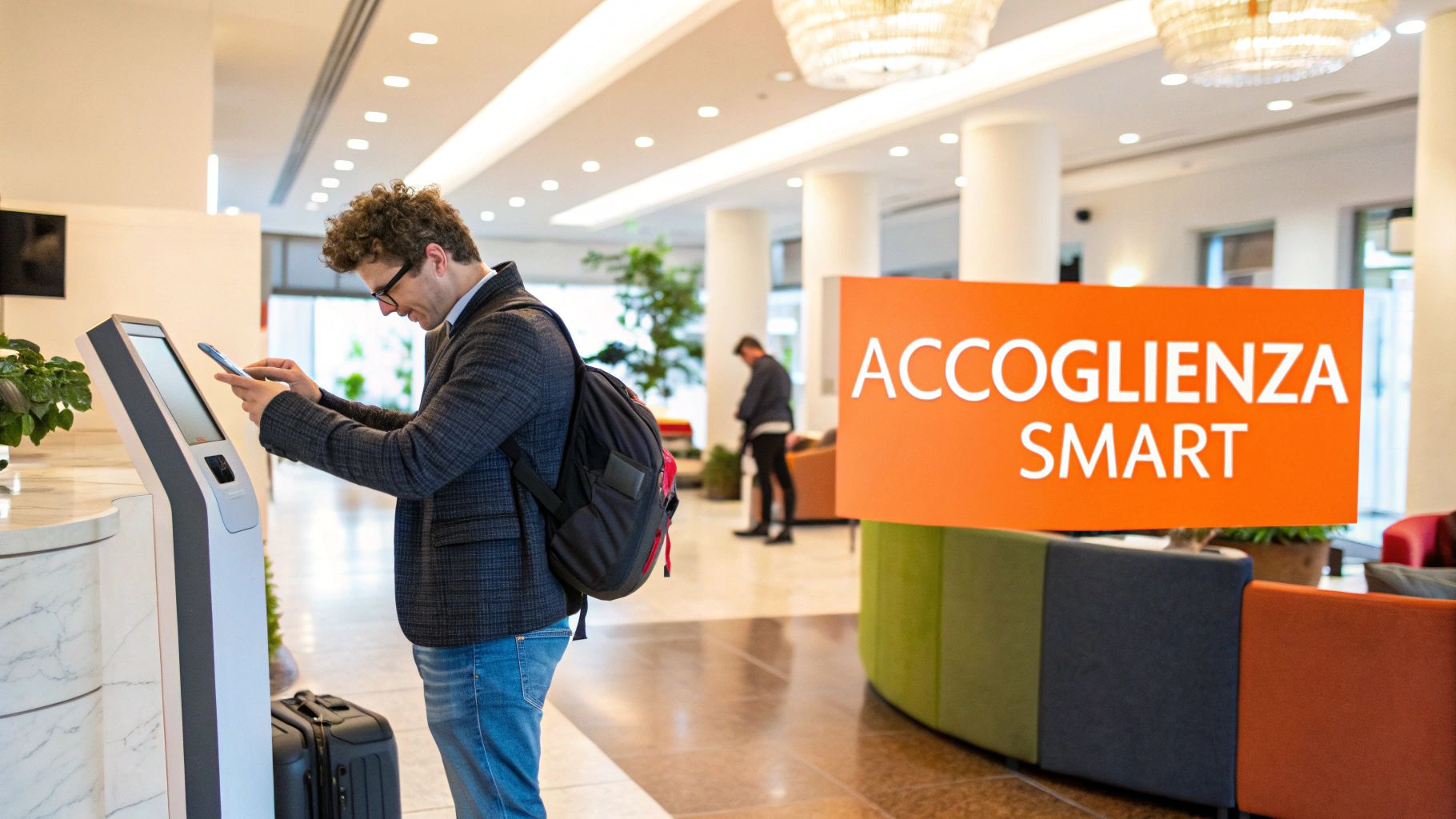Uomo che effettua il self-check-in in una hall d'hotel moderna, usando il suo smartphone.