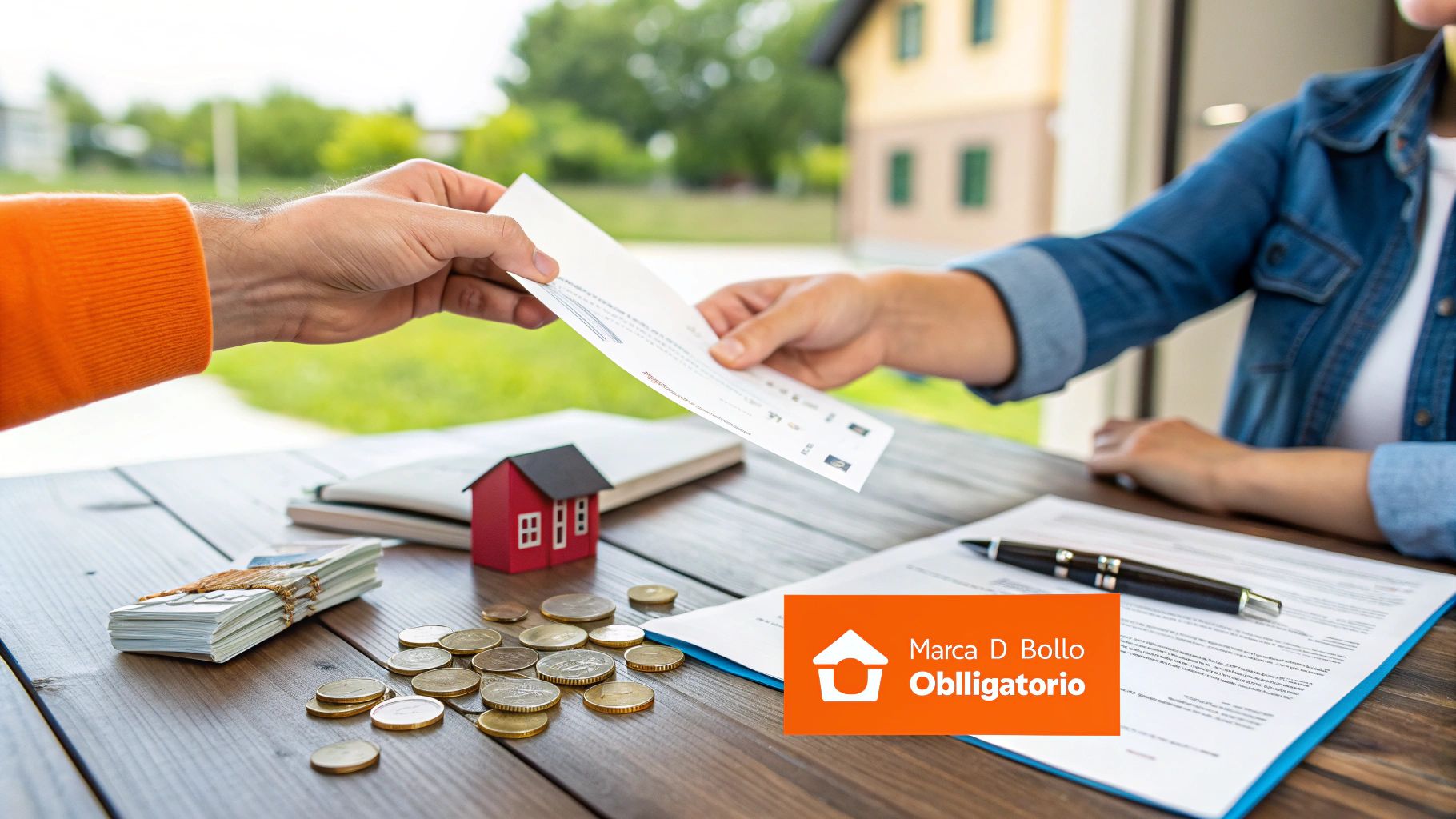 Mani scambiano un documento su un tavolo con denaro e una casetta, indicando una transazione immobiliare che richiede marca da bollo.