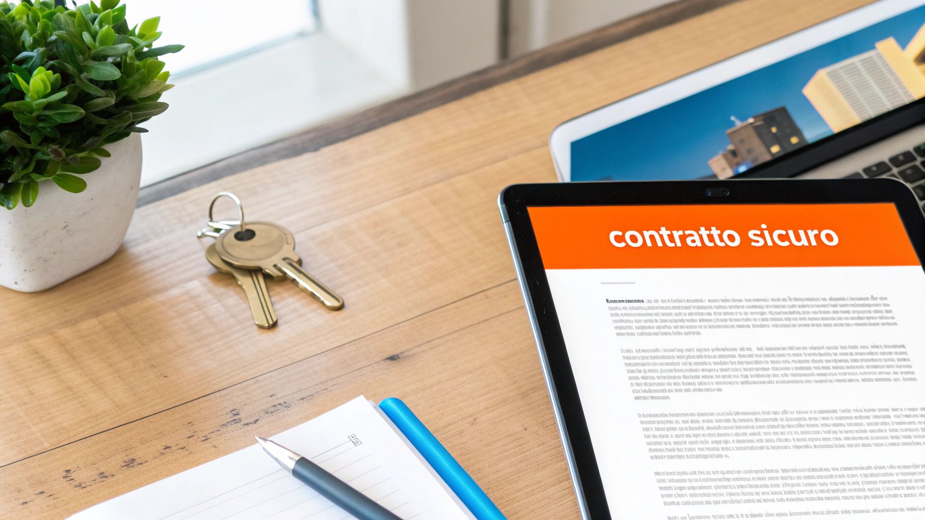 Un tablet mostra un 'contratto sicuro' su una scrivania in legno con chiavi, quaderno e pianta.