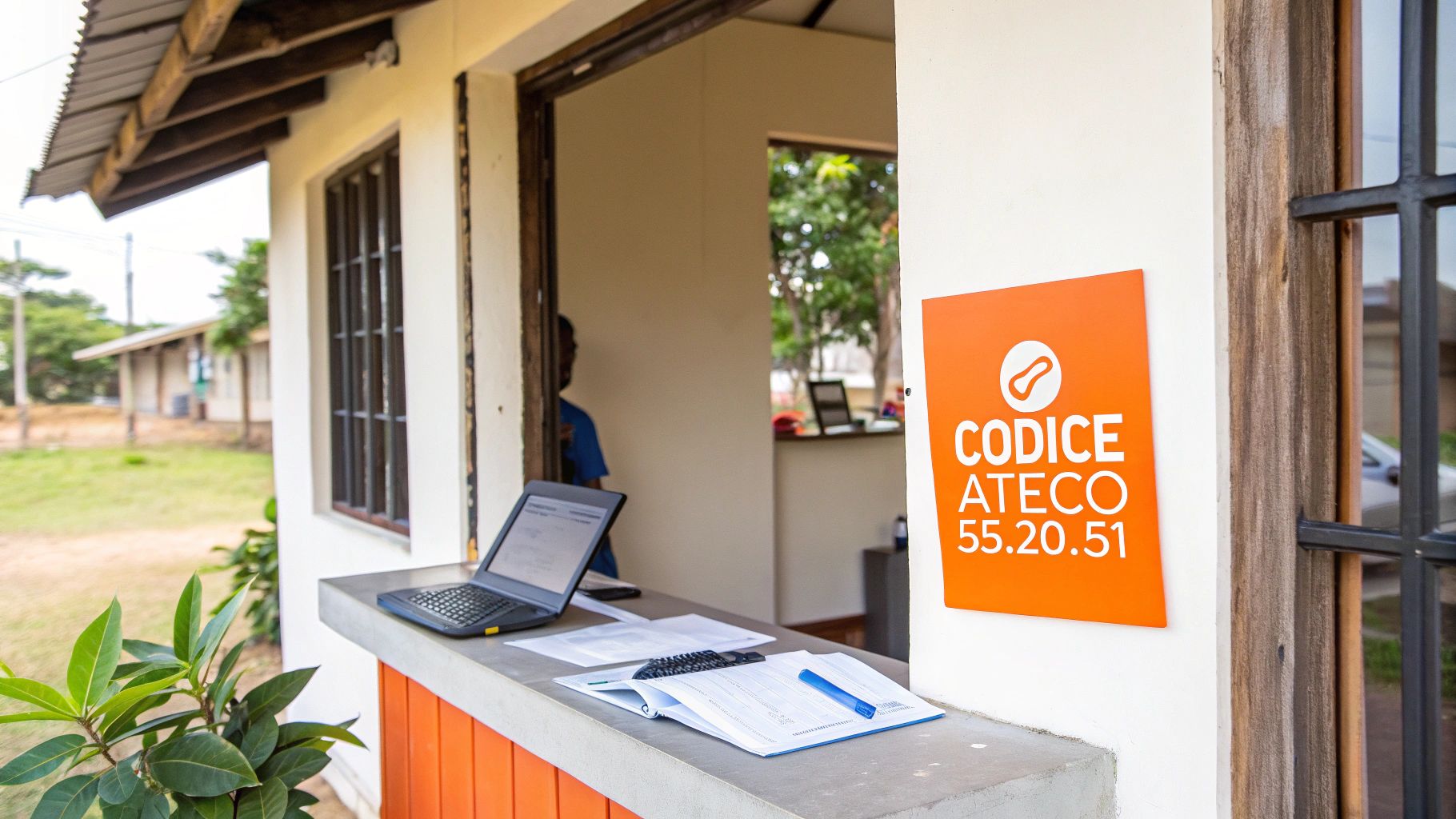 Bancone esterno con laptop, documenti e un cartello arancione 'CODICE ATECO 55.20.51' su un edificio.