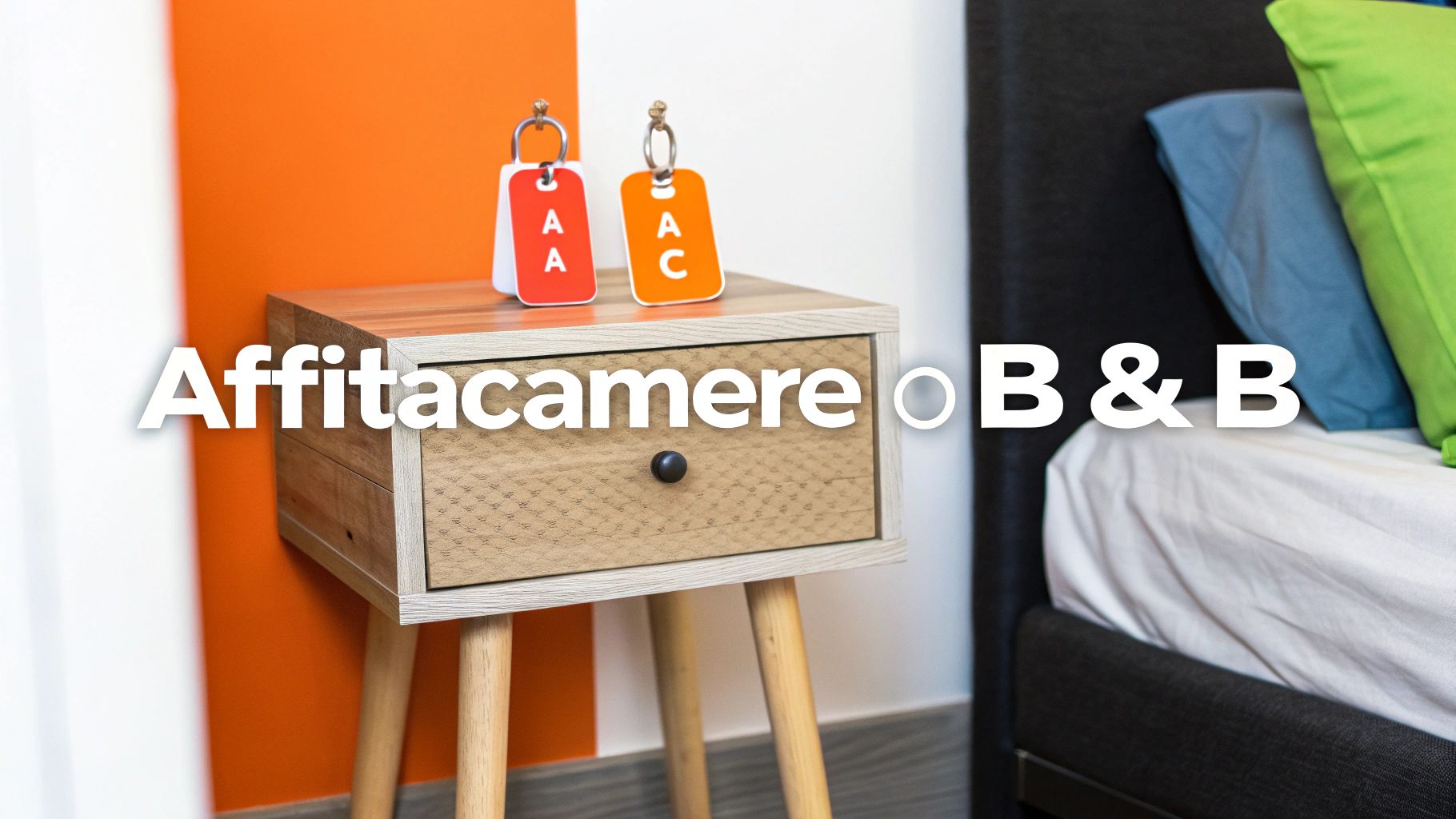 Un comodino in legno con portachiavi rossi e arancioni, e la scritta bianca "Affittacamere o B&B".
