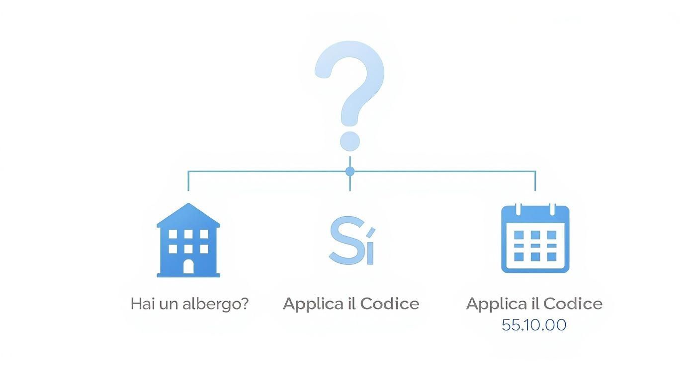 Diagramma decisionale sul codice ATECO per alberghi e strutture ricettive, con domande e rami.