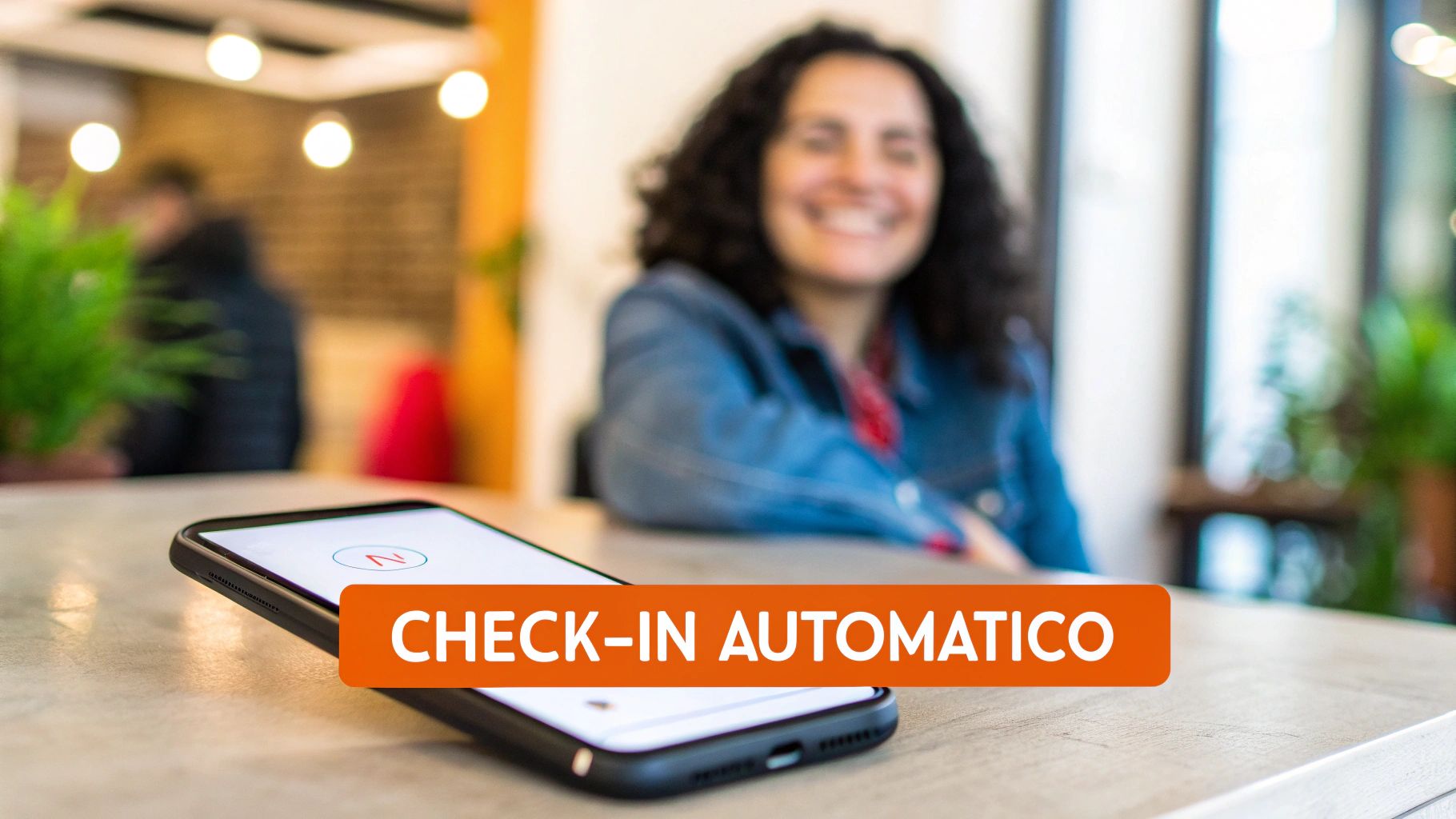 Smartphone su un tavolo con testo "CHECK-IN AUTOMATICO", sullo sfondo sfocato una donna sorridente.