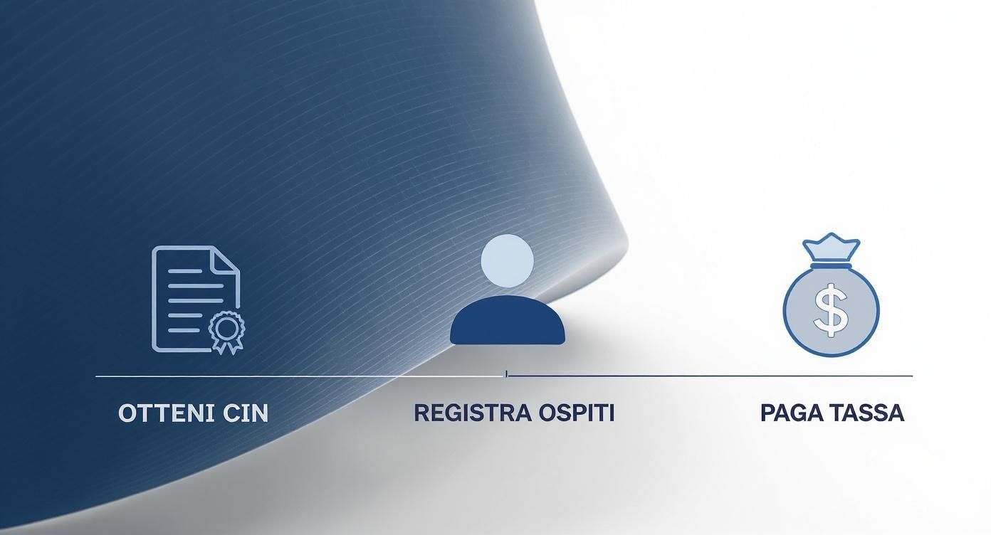 Infografica che mostra il processo legale per gli host, con i passaggi per ottenere il CIN, registrare gli ospiti e pagare la tassa di soggiorno.