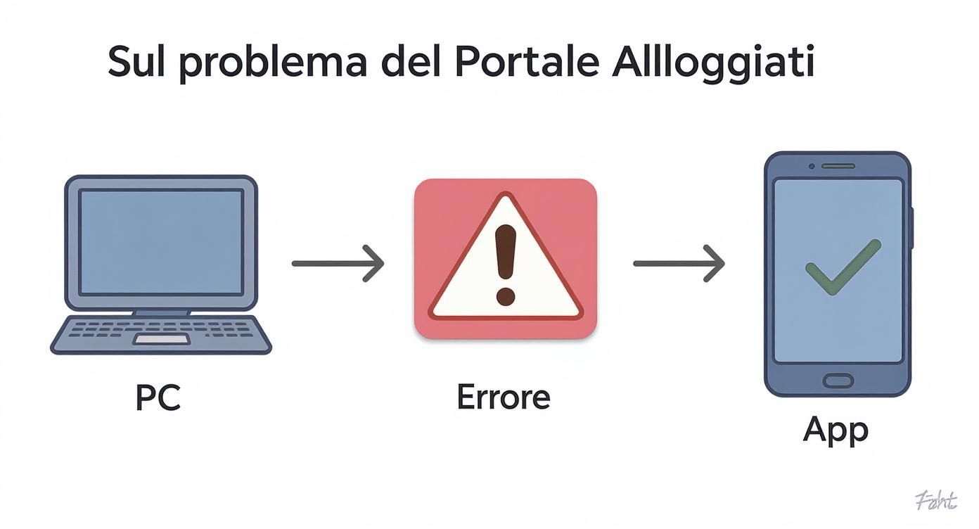 Infografica che mostra il passaggio dalla gestione manuale e soggetta a errori di Alloggiati Web da PC a una gestione semplice e automatizzata tramite un'app mobile.