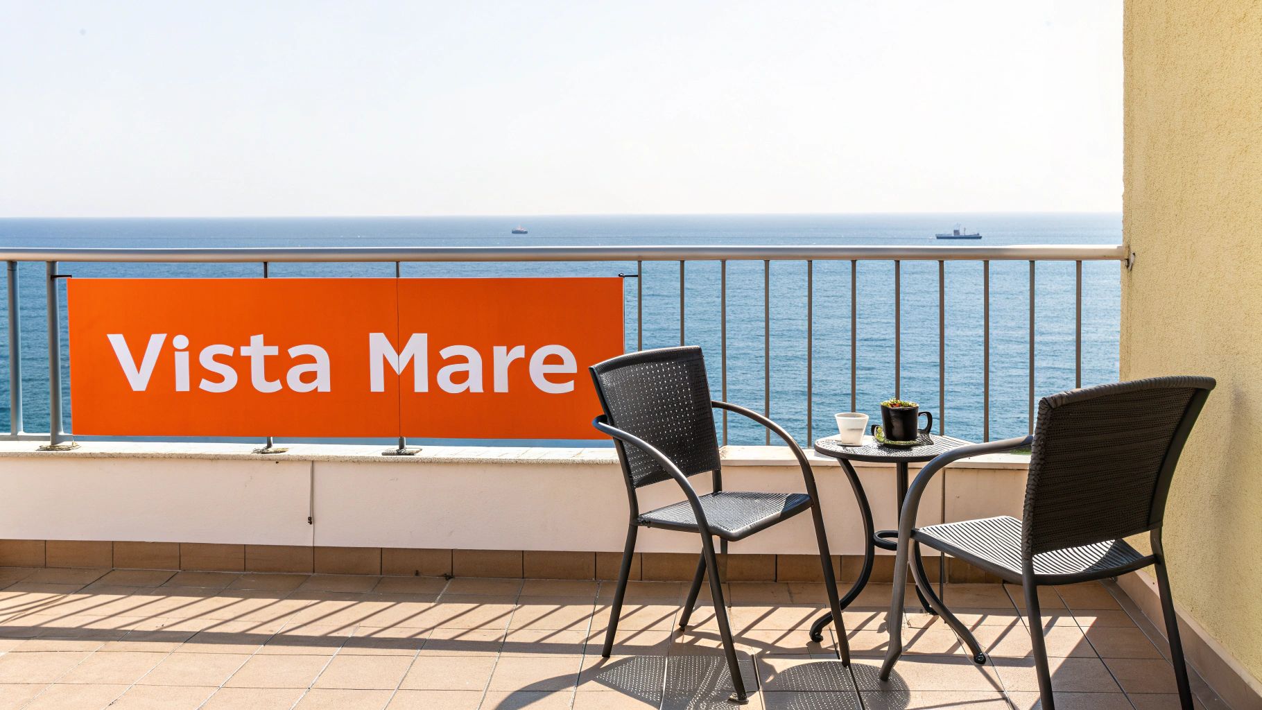 Balcone arredato con due sedie e un tavolino, con vista mozzafiato sul mare aperto sotto un cielo sereno.