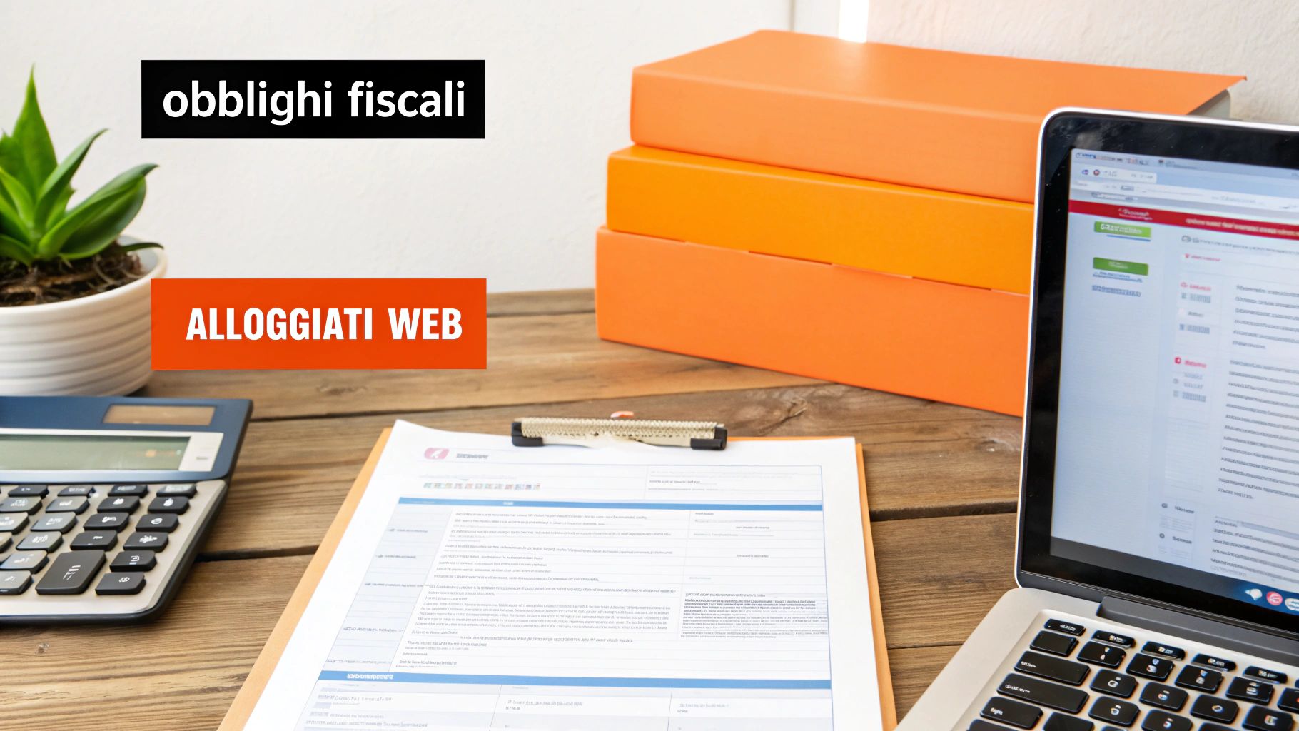 Scrivania con documenti fiscali, calcolatrice, laptop e cartelle arancioni per gestione alloggiati web
