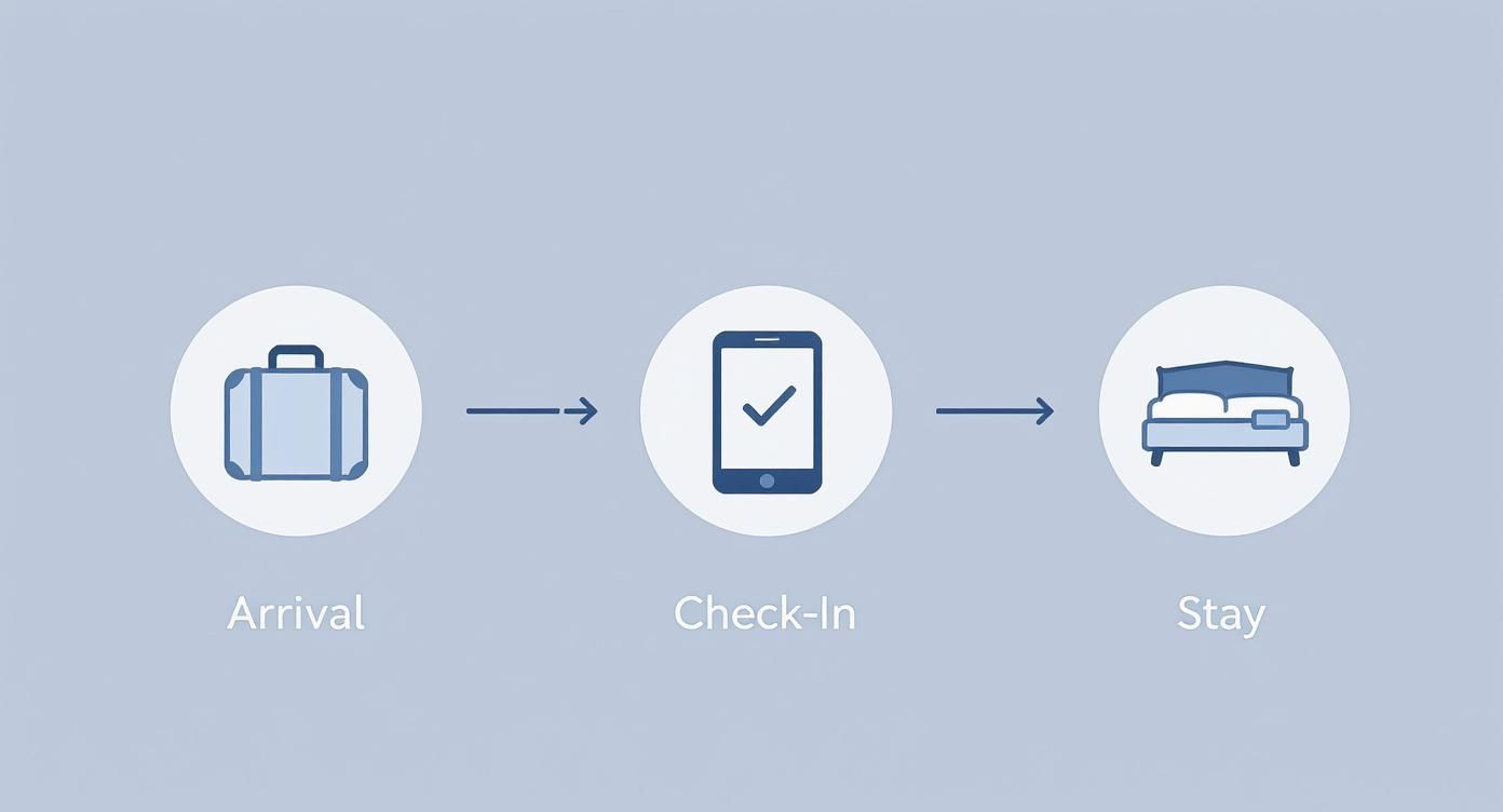 Infografica che mostra il processo per gli ospiti di un B&B con icone per l'arrivo, il check-in digitale e il soggiorno.