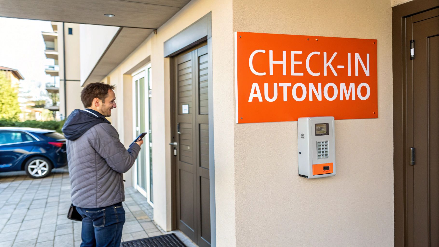 Uomo con smartphone davanti a un cartello arancione "CHECK-IN AUTONOMO" e un key box.