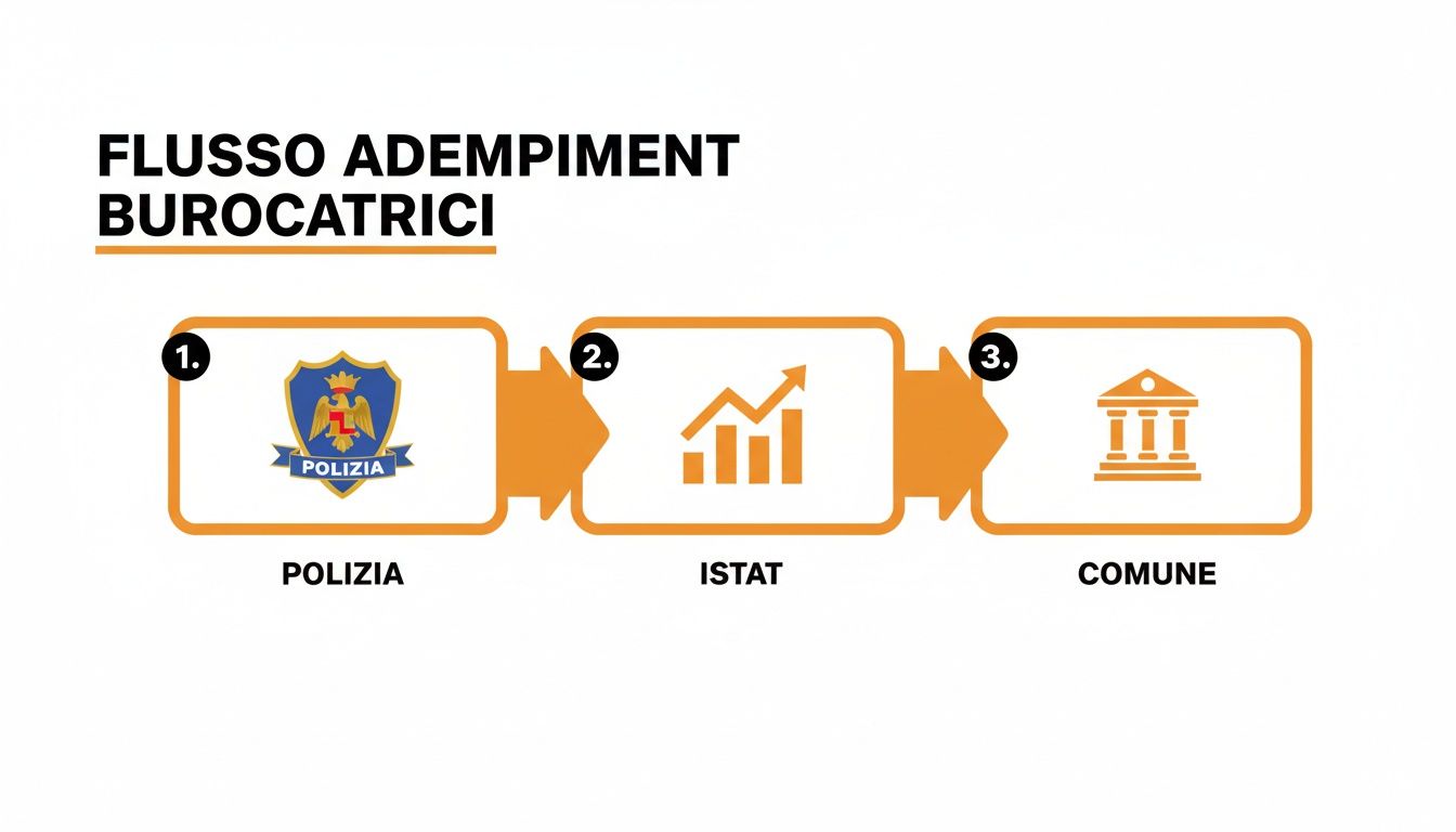 Schema di flusso di adempimenti burocratici: Polizia, ISTAT e Comune, illustrato con icone e frecce direzionali.