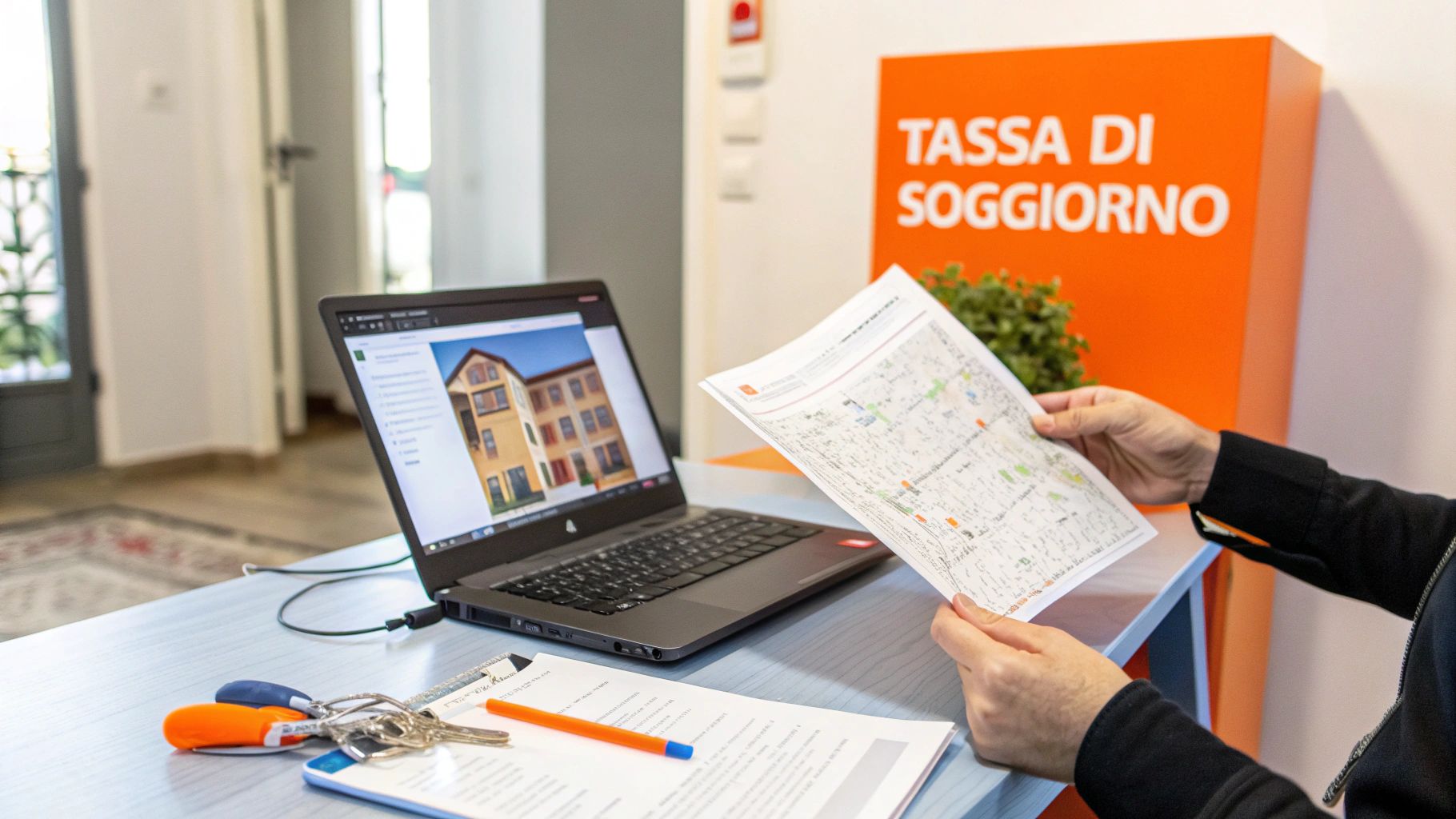 Una persona analizza documenti e un laptop con immagine di casa, accanto a un cartello sulla tassa di soggiorno.