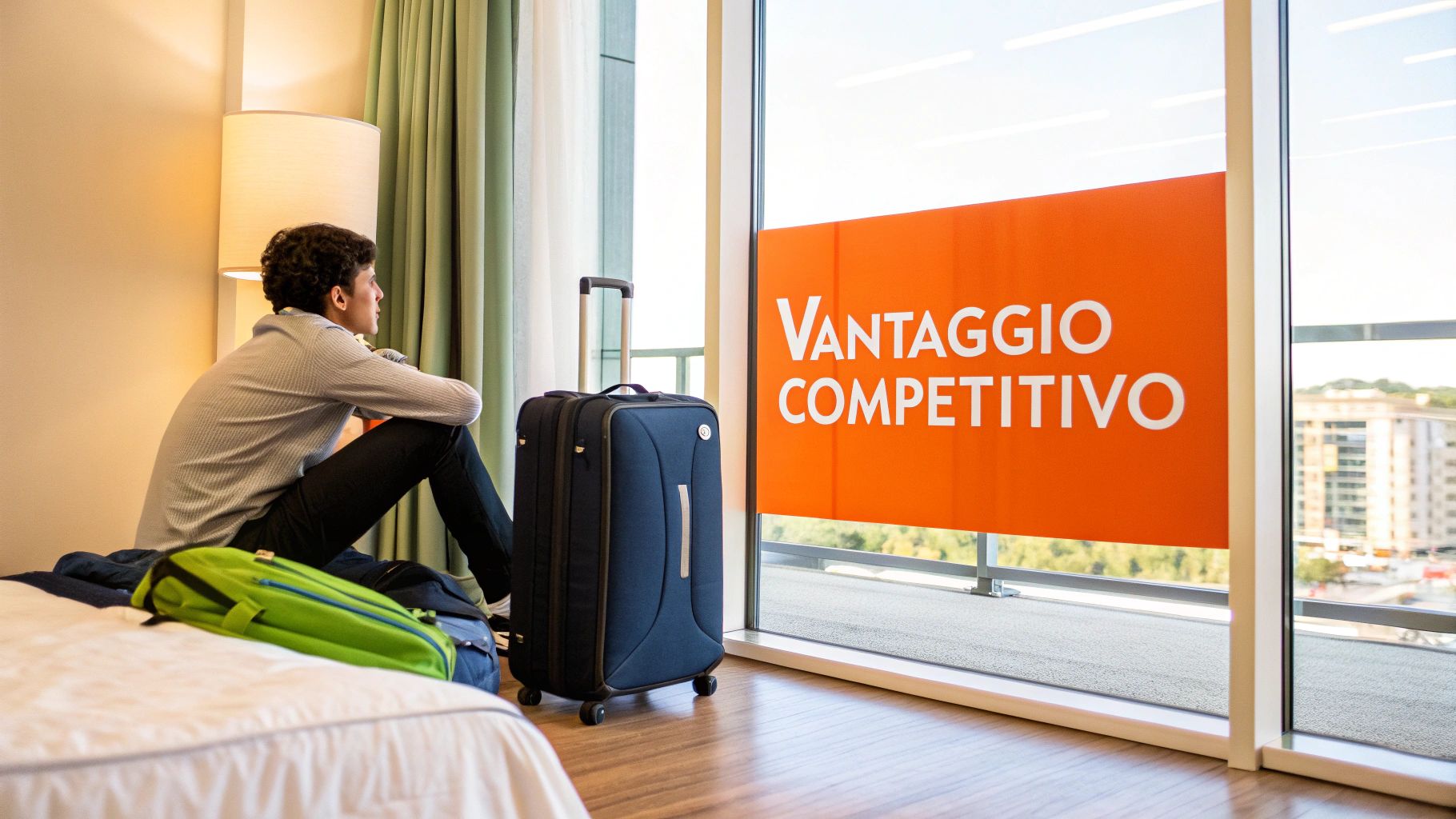 Uomo seduto su letto d'albergo con valigie, guarda fuori finestra con cartellone 'VANTAGGIO COMPETITIVO'.