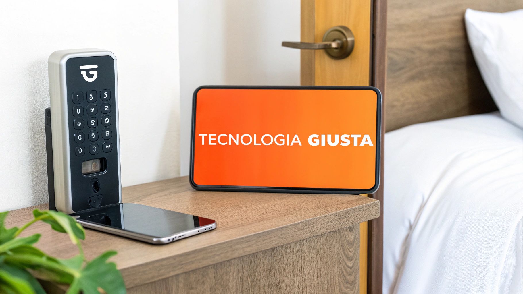 Dispositivo di self check-in in un hotel moderno con smartphone e tablet su comodino.