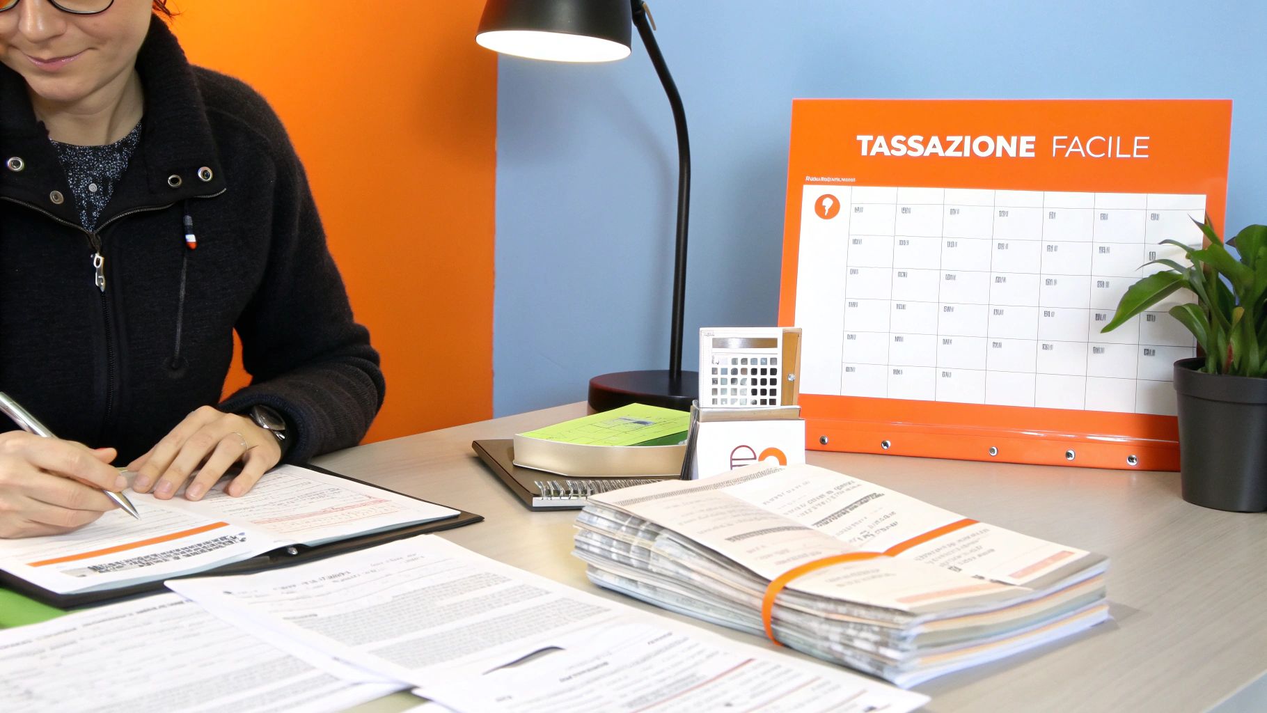Una persona calcola le tasse su un laptop con documenti sparsi sulla scrivania