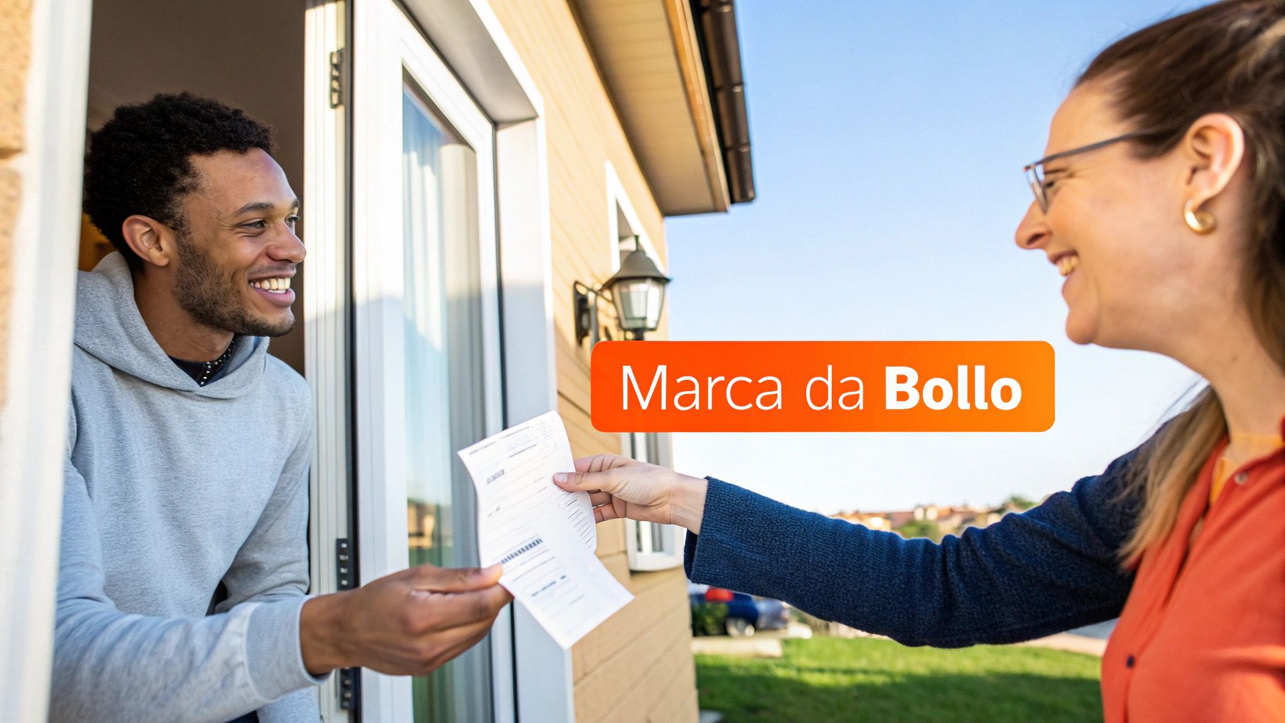 Un uomo sorridente riceve un documento da una donna all'ingresso di una casa, con il testo 'Marca da Bollo'.