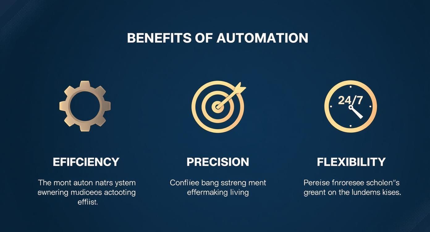 Infografica che illustra il processo a 3 step dei vantaggi dell'automazione del self check-in: Efficienza, Precisione e Flessibilità.
