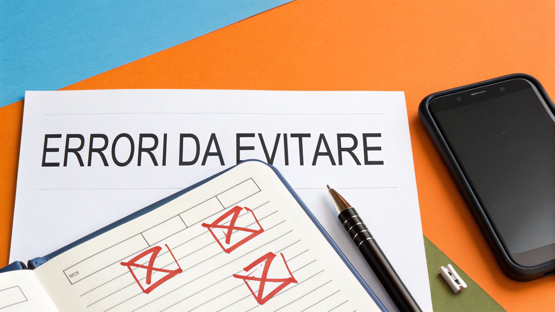 Una scrivania con documenti, una lente d'ingrandimento e una calcolatrice, a simboleggiare l'attenzione ai dettagli ed evitare errori.