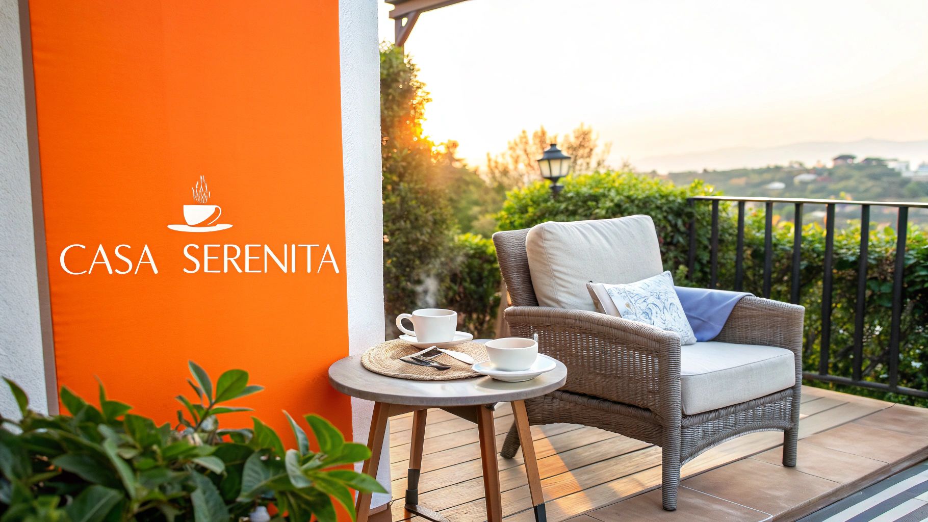 Accogliente patio esterno di Casa Serenita al tramonto, con poltrona e due tazze di caffè, perfetta per il relax.