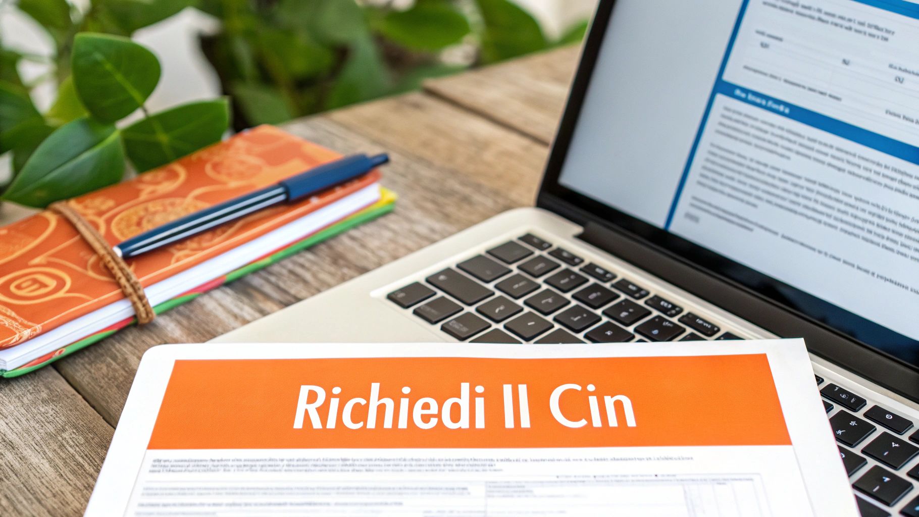 Un documento con la scritta 'Richiedi Il Cin' su un tavolo di legno accanto a un laptop e quaderni.