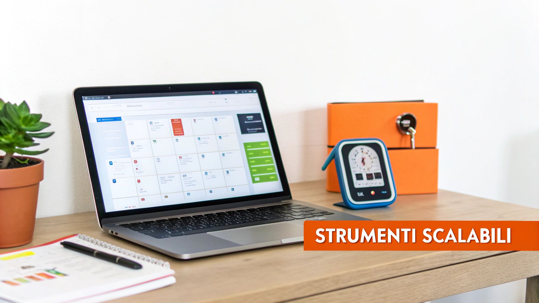 Ufficio moderno con laptop aperto su dashboard organizzata, quaderno, penna e elementi arancioni. Scritta 'Strumenti Scalabili'.