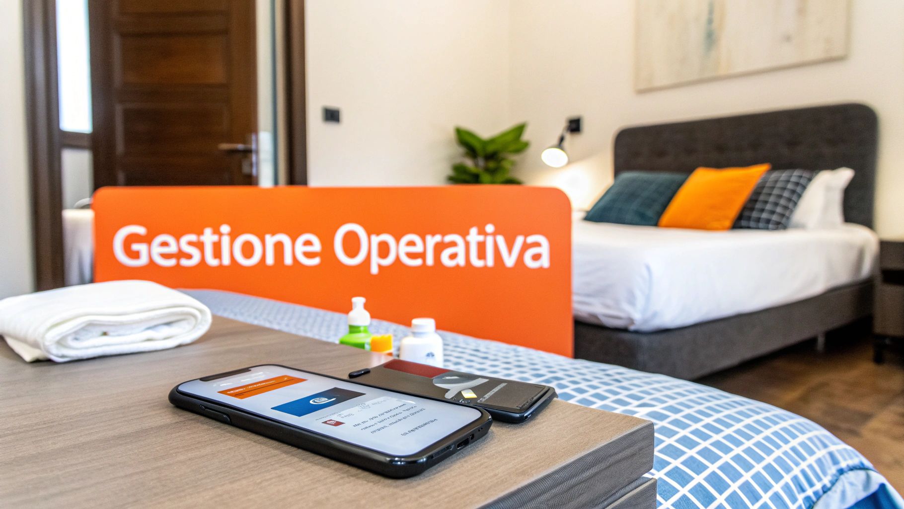 Una camera da letto moderna con un cartello "Gestione Operativa" e smartphone su un tavolo.