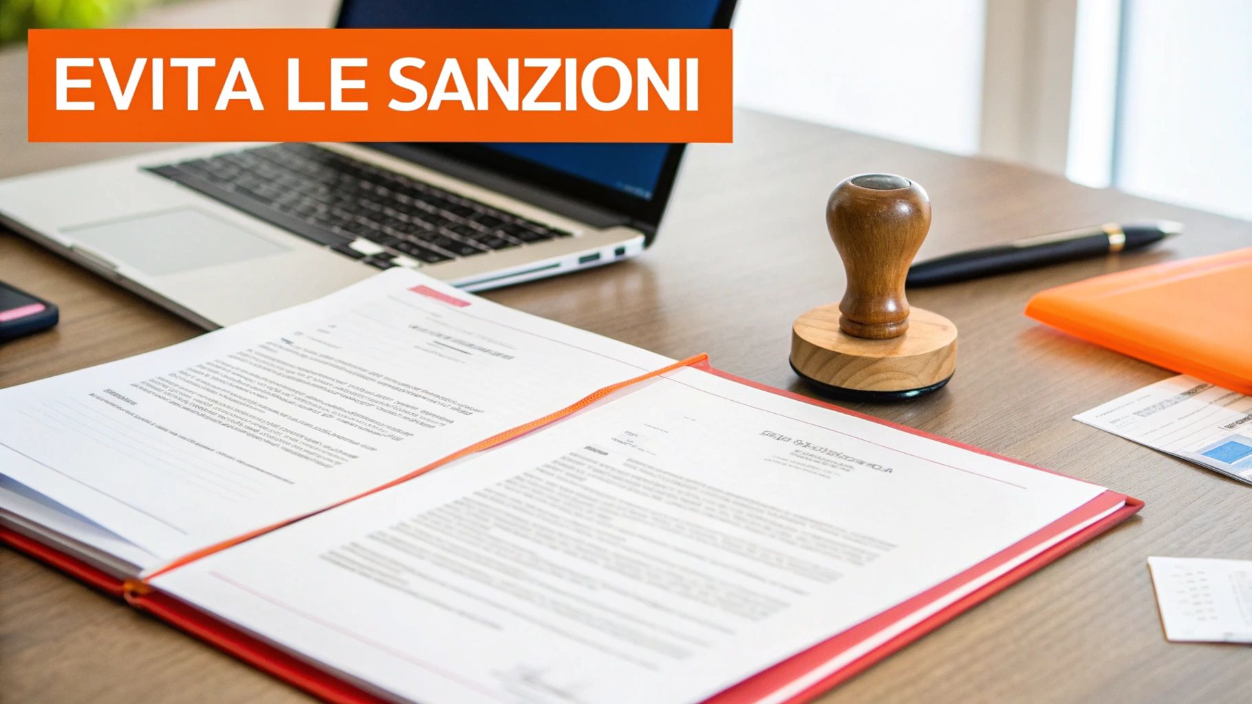 Scrivania da ufficio con un laptop aperto, documenti legali o fiscali in una cartella rossa, un timbro in legno e una penna. Un banner arancione recita "EVITA LE SANZIONI".