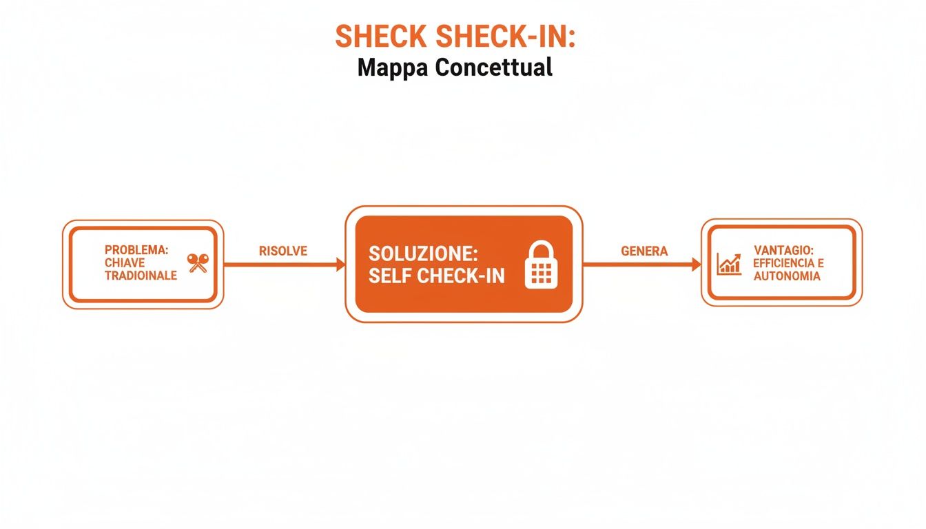 Mappa concettuale Sheck Check-in che illustra il problema delle chiavi tradizionali risolto dal self check-in, generando efficienza e autonomia.