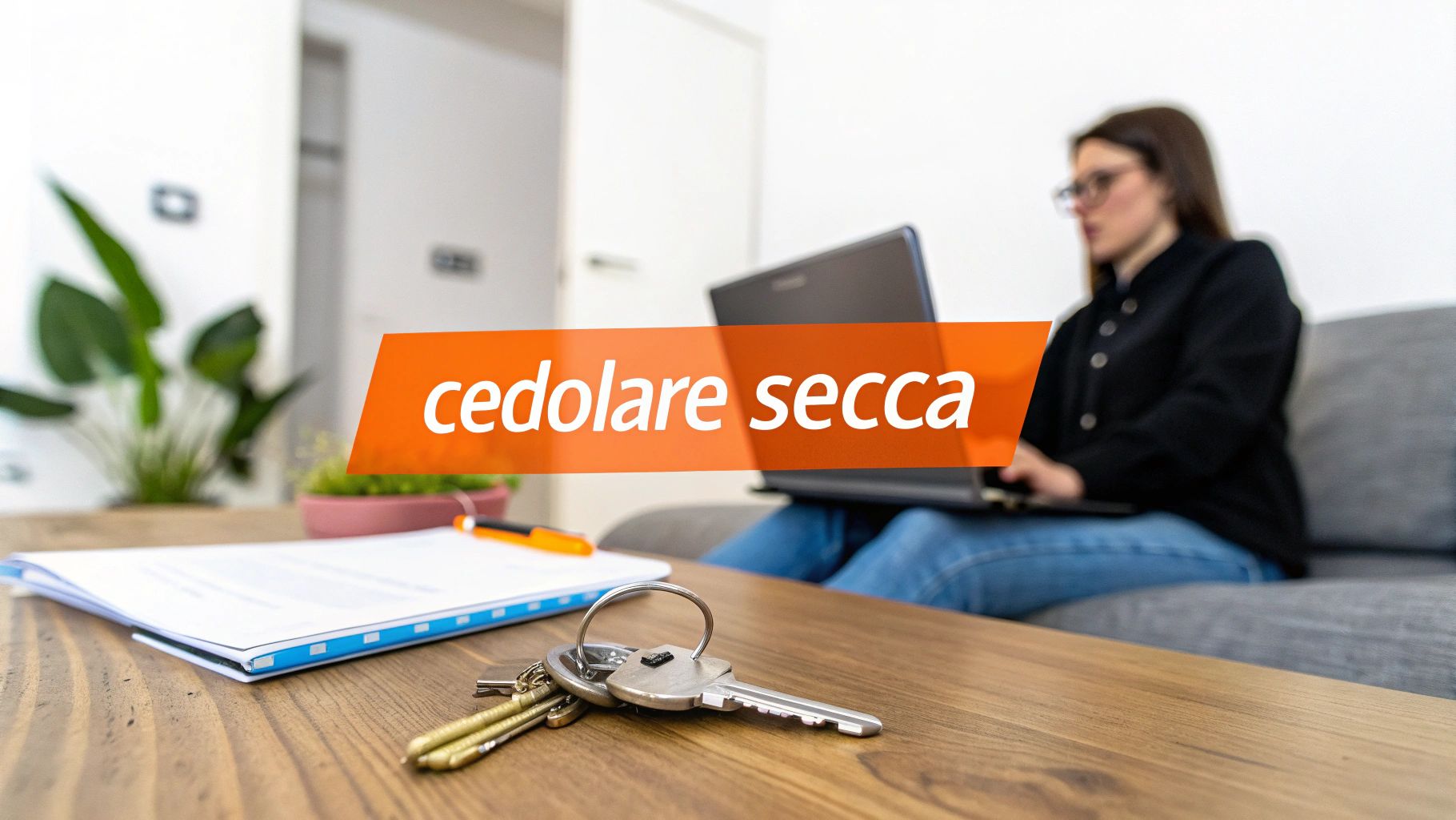 Donna su divano con laptop, documenti e chiavi sul tavolo, evidenziando la cedolare secca per gli affitti.