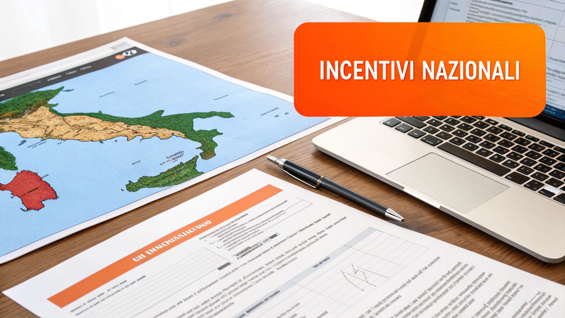 Mappa dell'Italia, documenti con agevolazioni, penna e laptop su scrivania in legno con 'Incentivi Nazionali'.