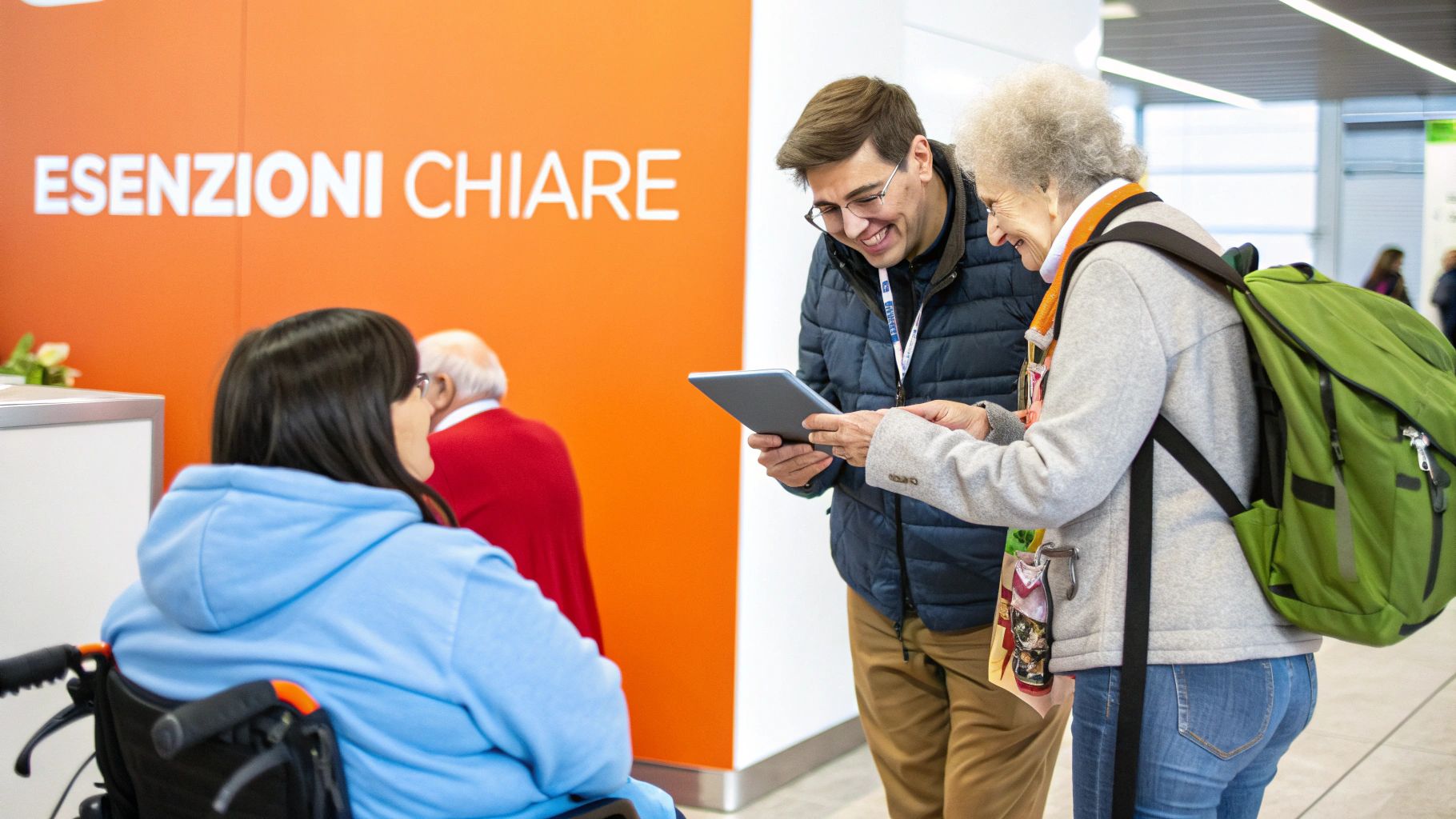 Persone, inclusa una in sedia a rotelle e un'anziana, ricevono assistenza con un tablet presso uno sportello. Lo sfondo mostra il testo "ESENZIONI CHIARE".