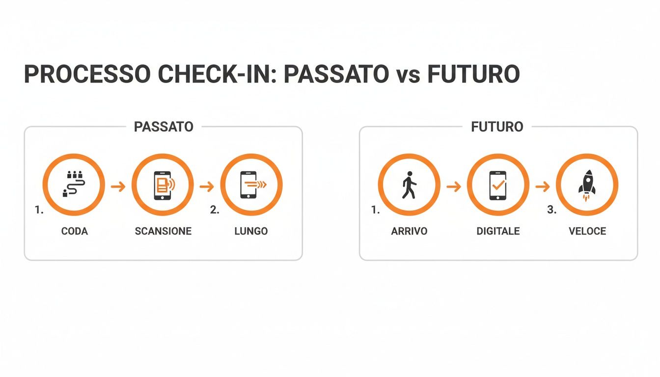 Descrizione del processo di check-in, confrontando le fasi passate (coda, scansione lunga) con quelle future (arrivo, digitale, veloce).