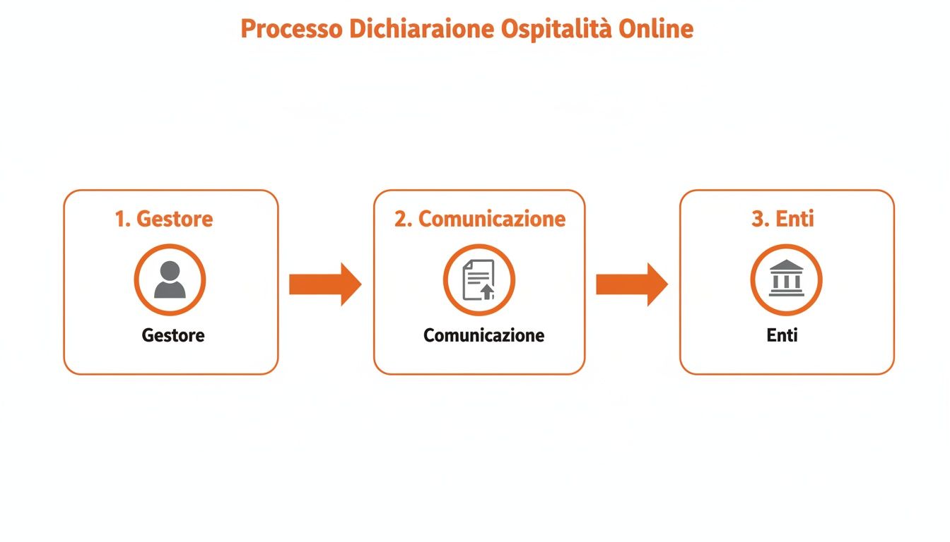 Diagramma del processo di dichiarazione di ospitalità online: Gestore, Comunicazione ed Enti in tre passaggi.