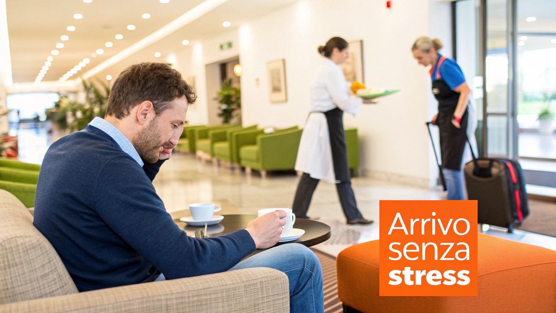 Uomo sereno sorseggia caffè nella moderna hall di un hotel, con personale indaffarato in sottofondo, evocando un arrivo senza stress.