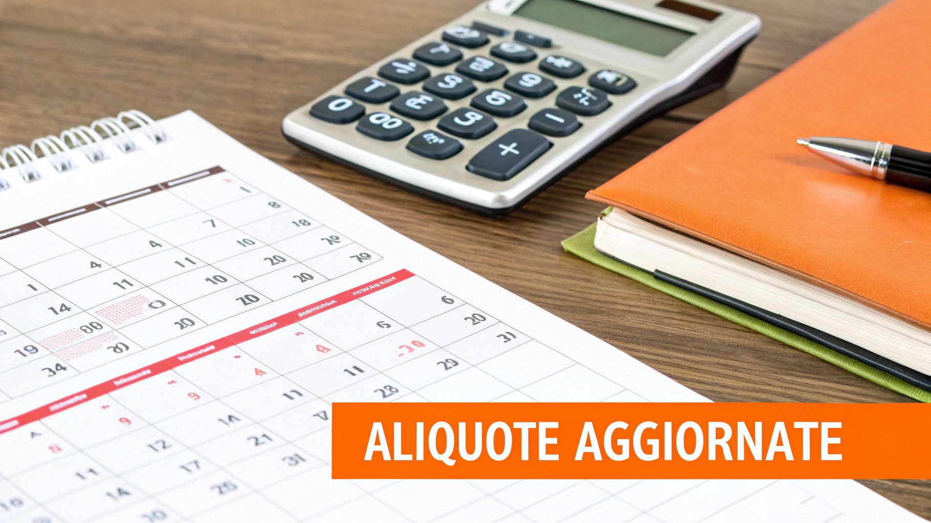 Scrivania con calendario, calcolatrice, quaderno e penna, con banner 'ALIQUOTE AGGIORNATE' che indica aggiornamenti fiscali.