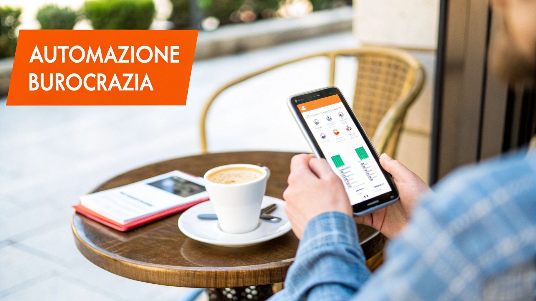 Una persona in un caffè usa uno smartphone mostrando un'app. Sullo sfondo, un'etichetta arancione recita 'AUTOMAZIONE BUROCRAZIA'.